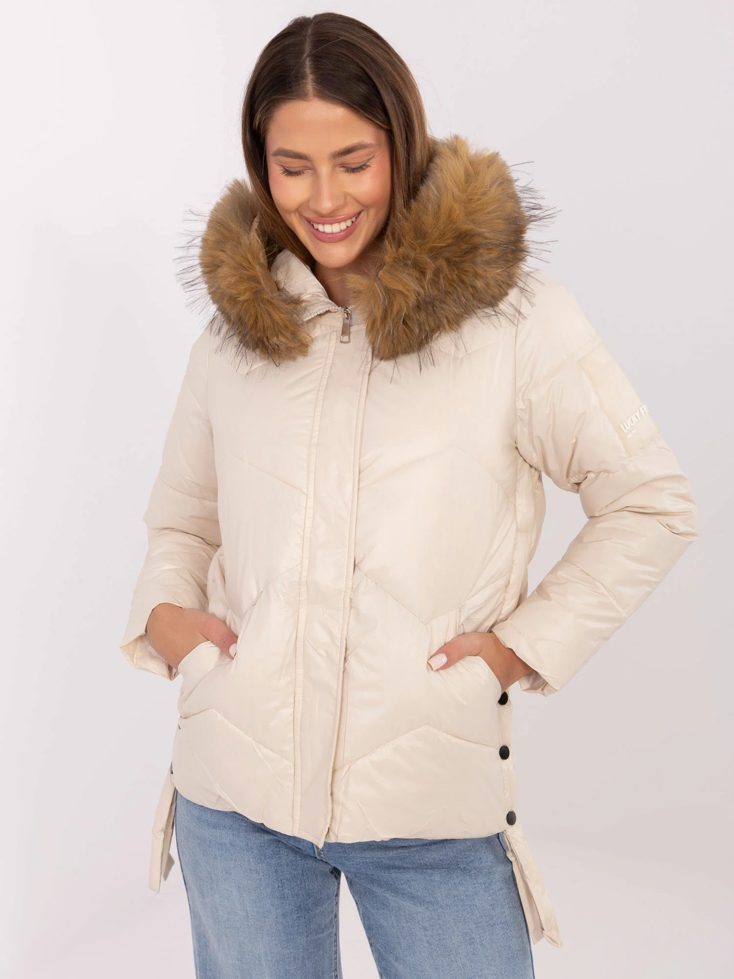 Jacheta Dama Maneca lunga, Guler inalt, Snow Moda, Bej Casual Marimi Mari - imagine 2