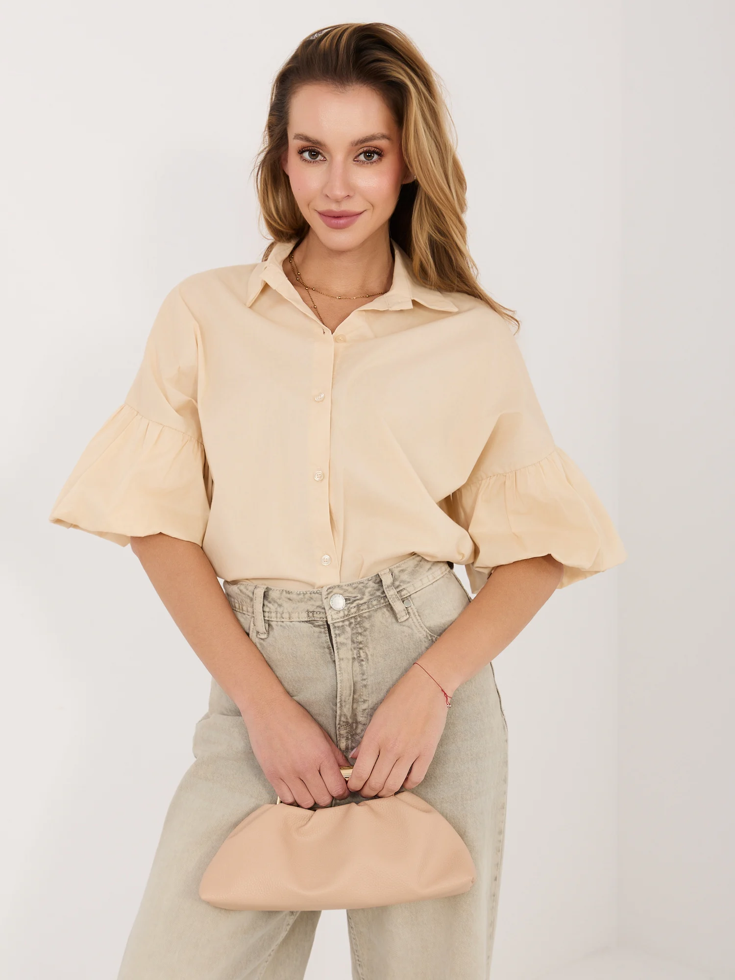 Camasa Dama Guler inalt, Bumbac, ITALY MODA, Bej Eleganta Office - imagine 6