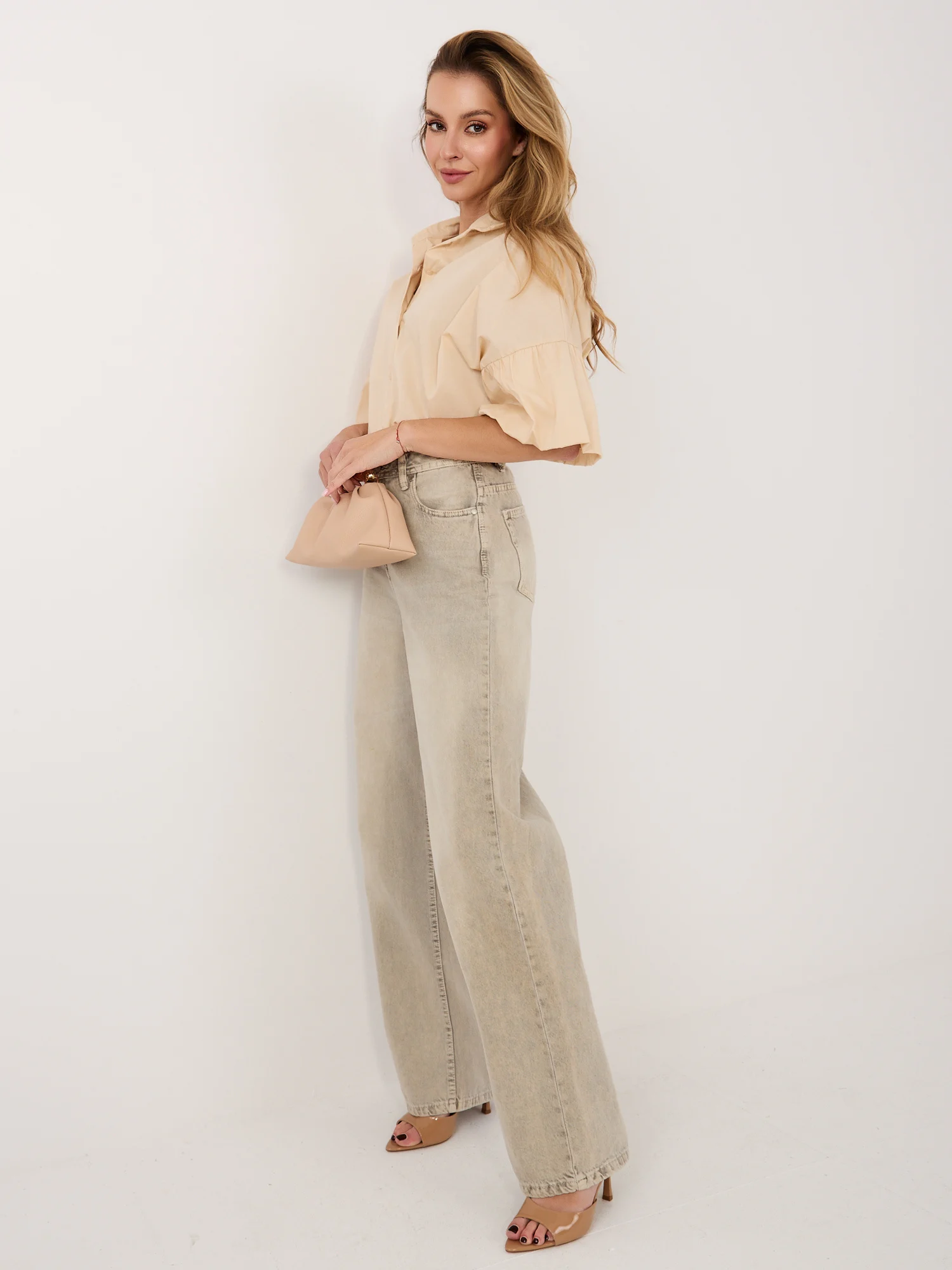 Camasa Dama Guler inalt, Bumbac, ITALY MODA, Bej Eleganta Office - imagine 4