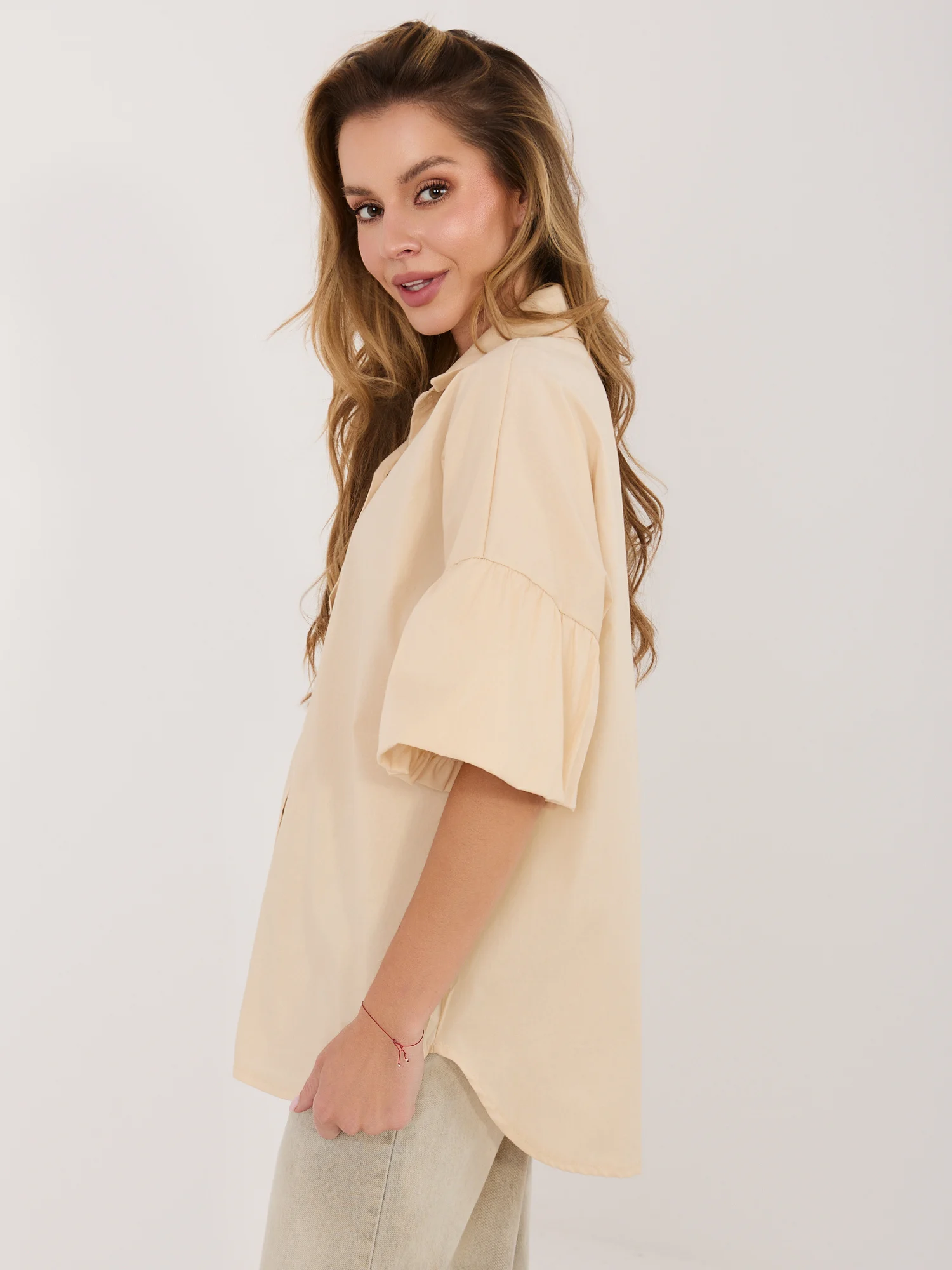 Camasa Dama Guler inalt, Bumbac, ITALY MODA, Bej Eleganta Office - imagine 2
