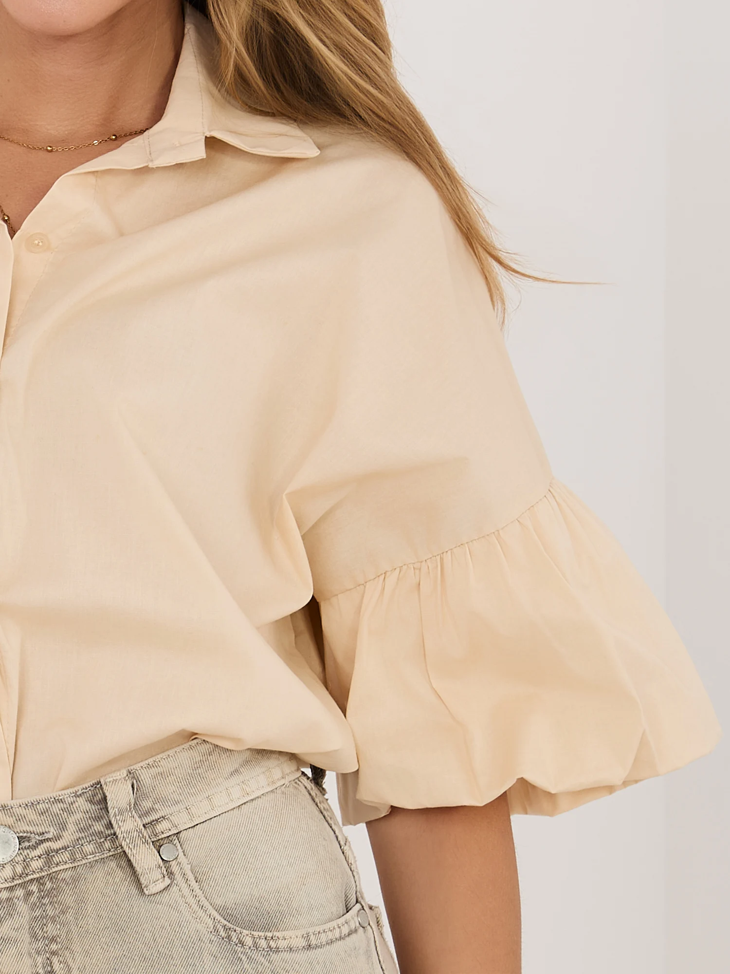 Camasa Dama Guler inalt, Bumbac, ITALY MODA, Bej Eleganta Office - imagine 3