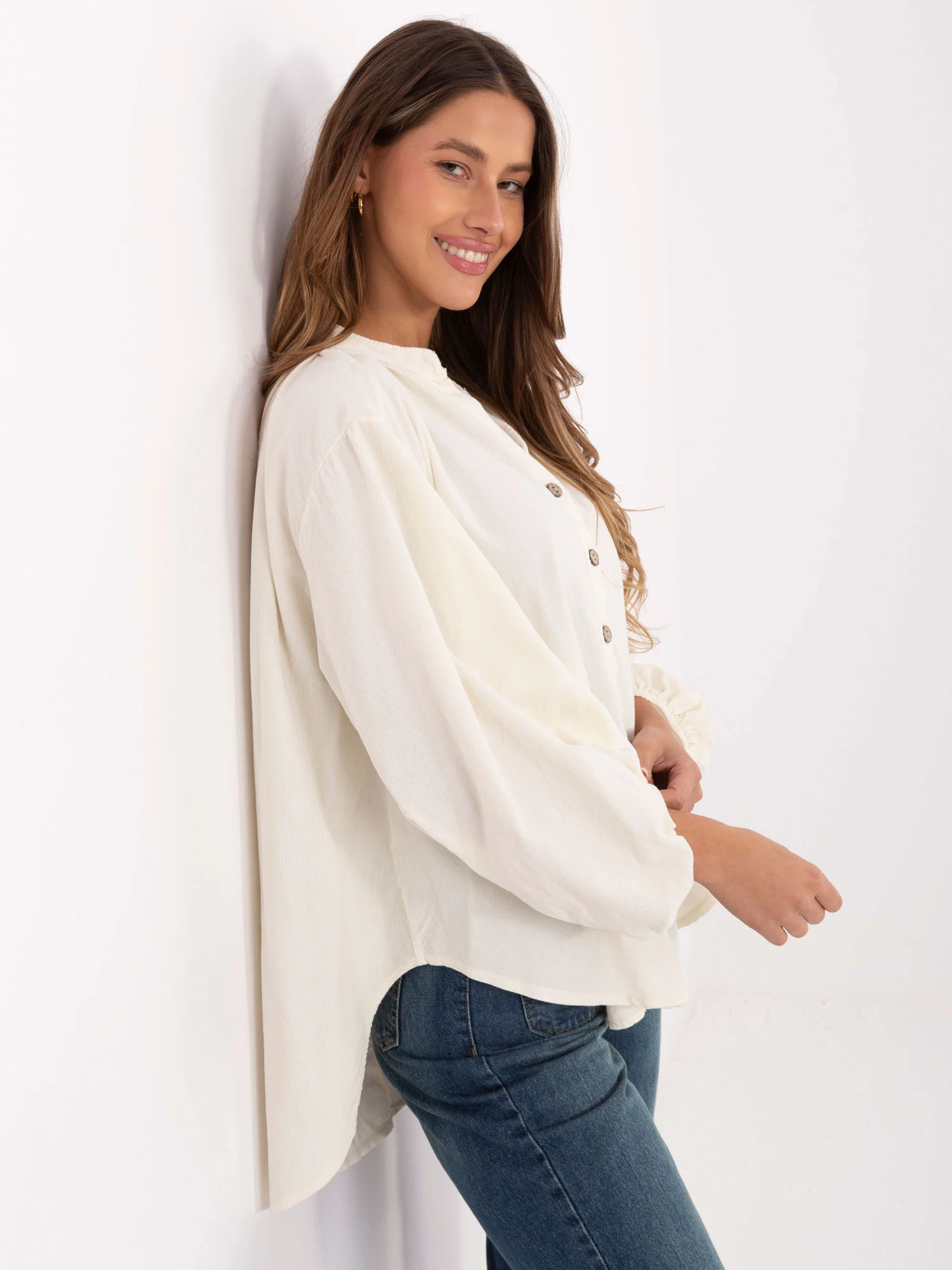Camasa Dama Maneca lunga, Decolteu in V, ITALY MODA, Bej Casual - imagine 3