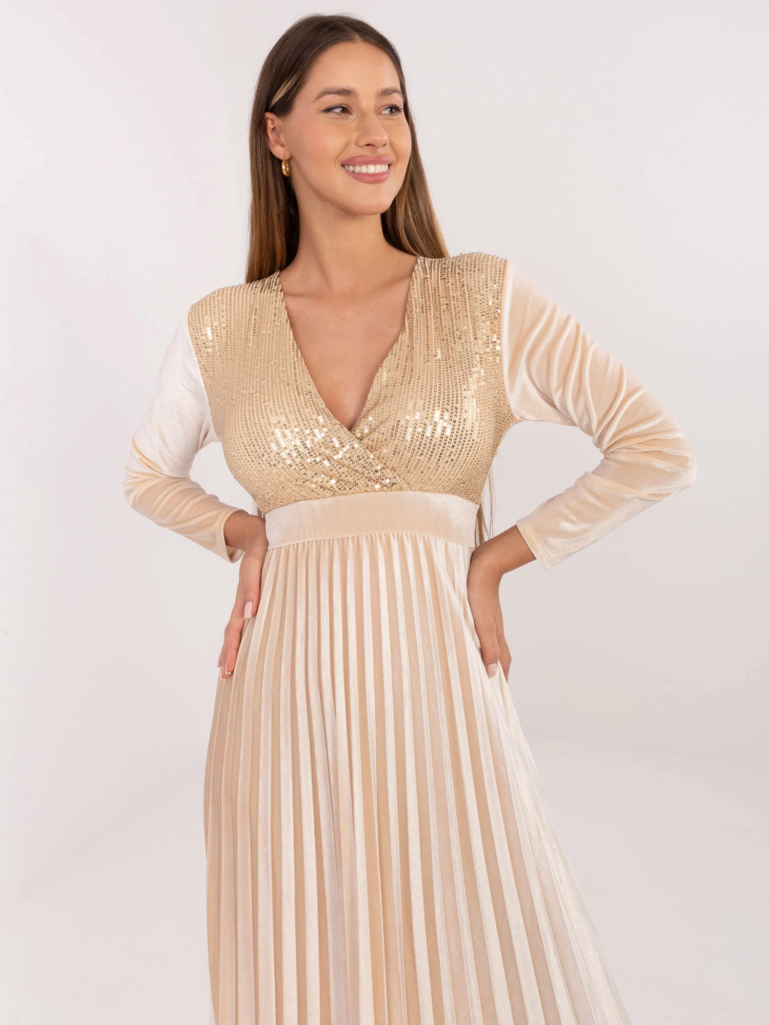 Rochie Dama Maxi, Paiete, MODA ITALY, Bej de Petrecere - Image 5