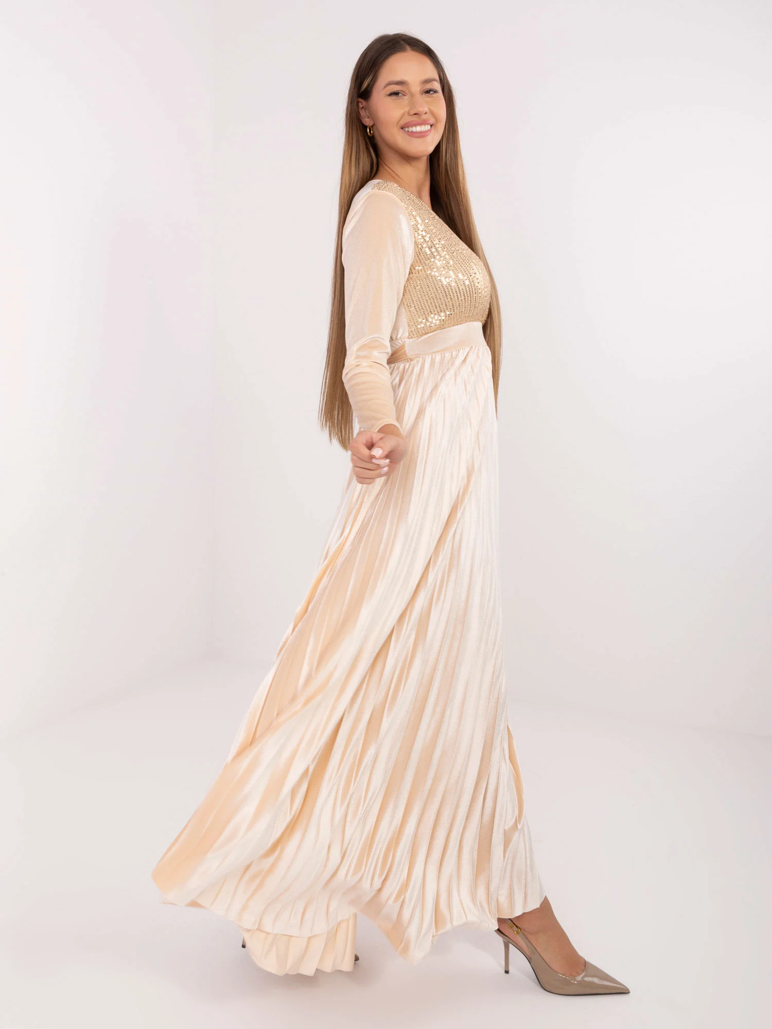 Rochie Dama Maxi, Paiete, MODA ITALY, Bej de Petrecere - Image 3