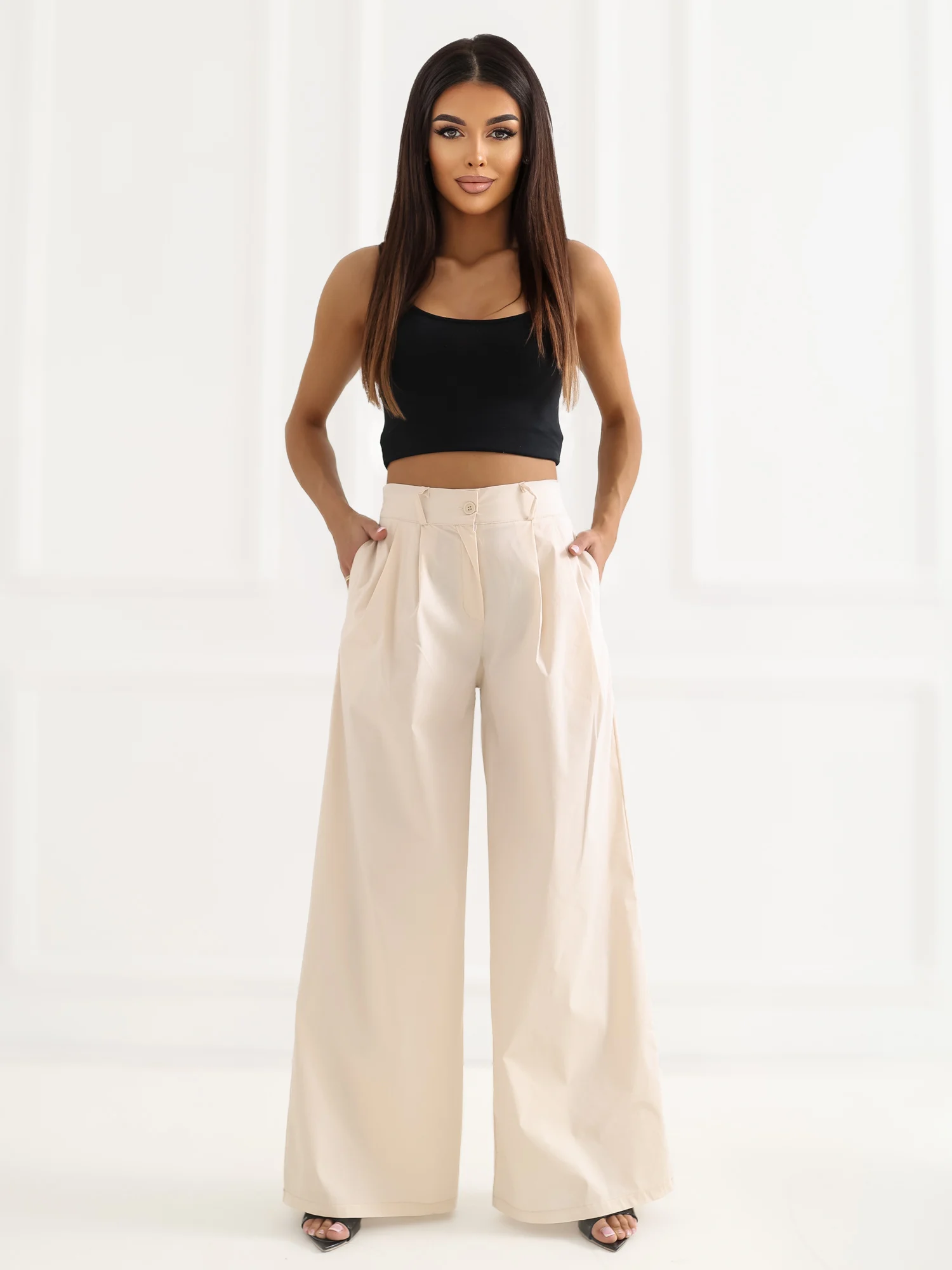 Pantaloni Dama Lunga, Larga, RUE PARIS, Bej Eleganta Office - imagine 3