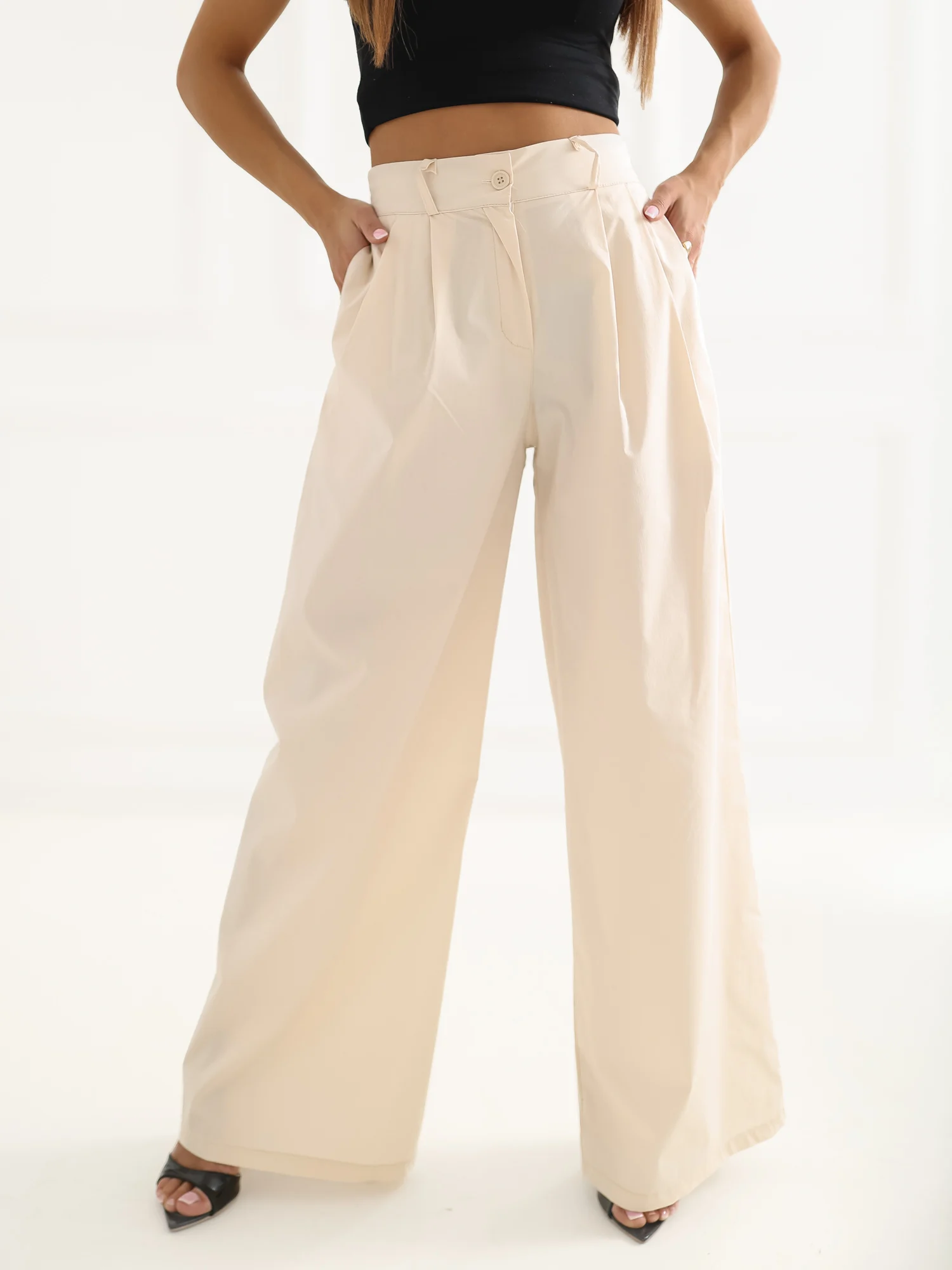 Pantaloni Dama Lunga, Larga, RUE PARIS, Bej Eleganta Office - imagine 6