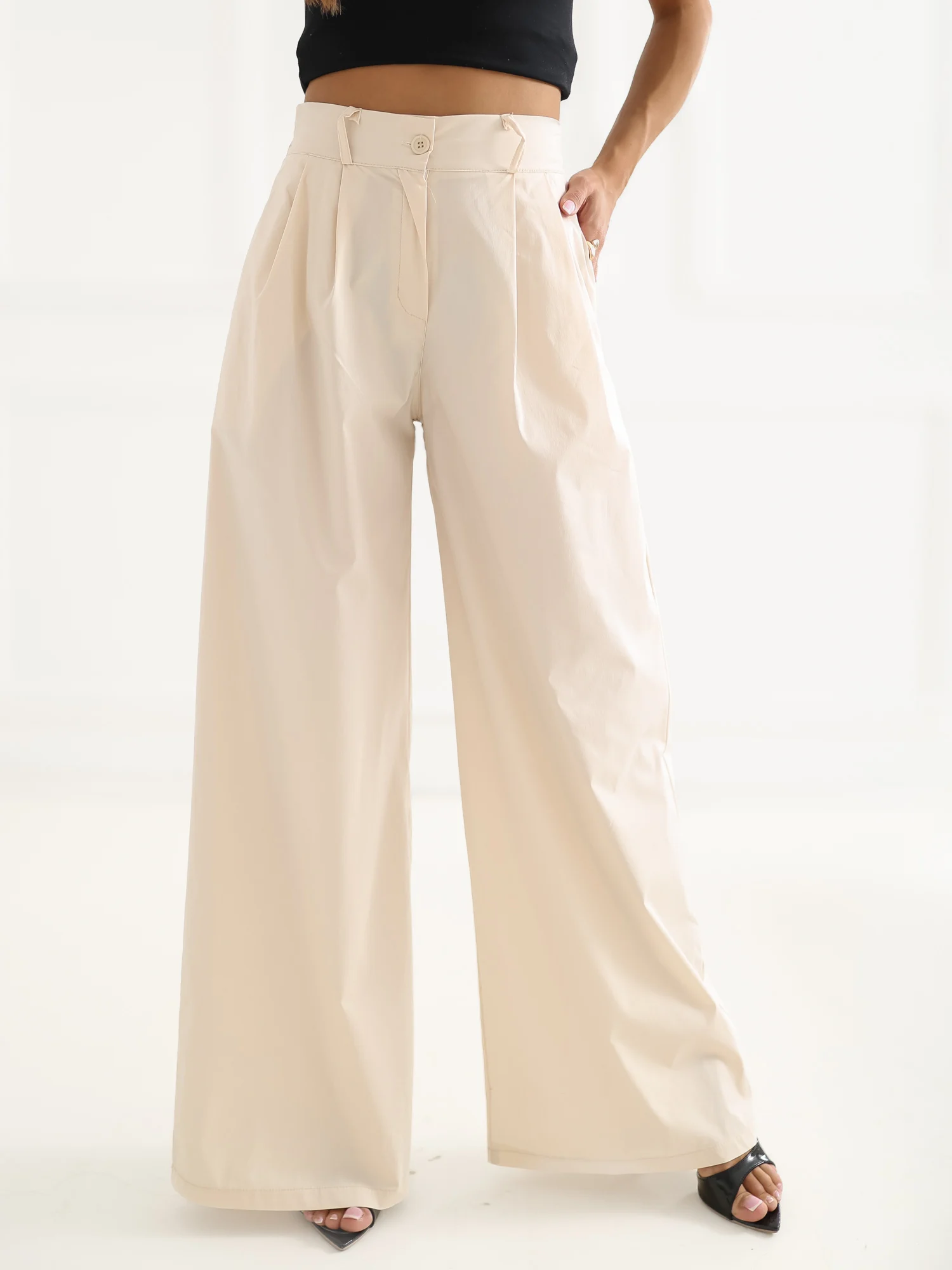 Pantaloni Dama Lunga, Larga, RUE PARIS, Bej Eleganta Office - imagine 2