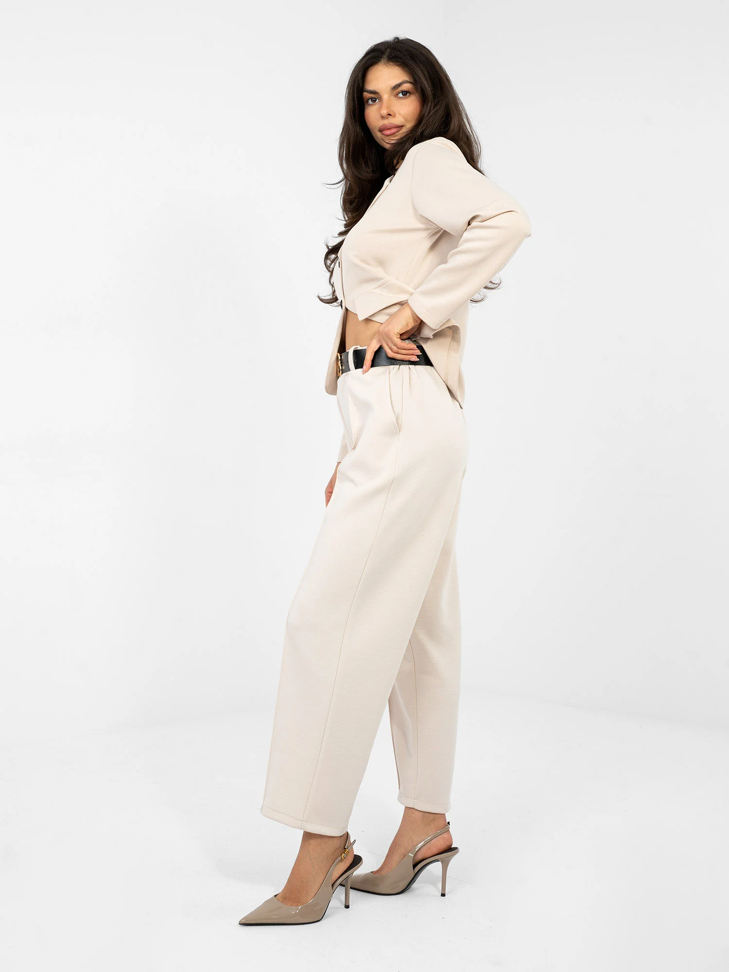 Pantaloni Dama Elegant, Guler inalt, ITALY MODA, Bej Eleganta Office - imagine 5