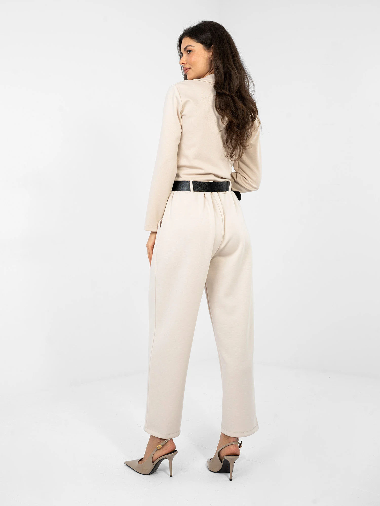 Pantaloni Dama Elegant, Guler inalt, ITALY MODA, Bej Eleganta Office - imagine 3