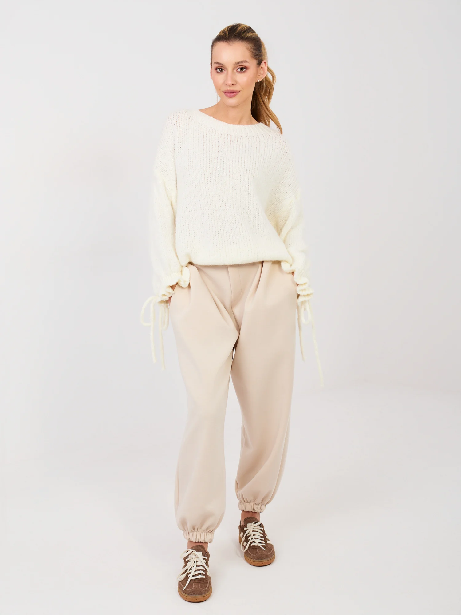 Pantaloni Dama Mansete elastice, Viscoza, ITALY MODA, Bej Eleganta Office - imagine 3