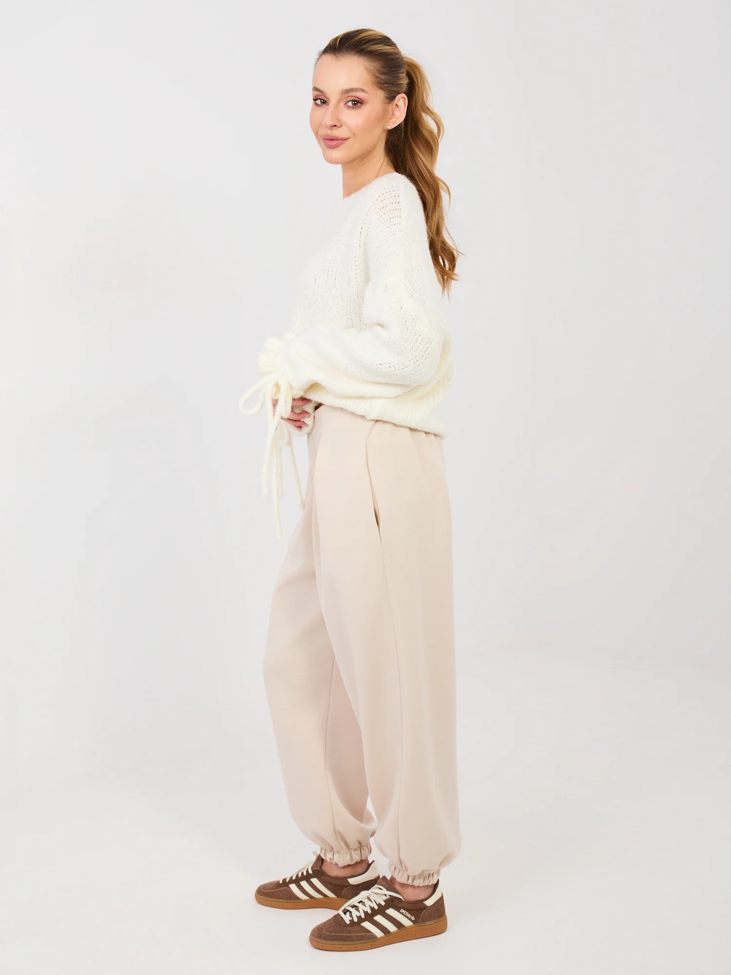 Pantaloni Dama Mansete elastice, Viscoza, ITALY MODA, Bej Eleganta Office - imagine 2