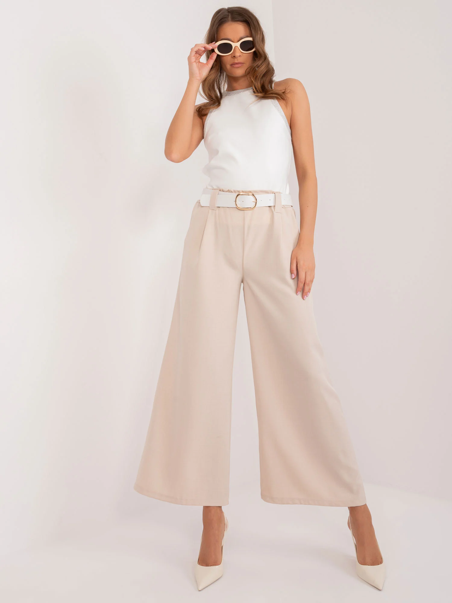 Pantaloni Dama Elegant, Guler inalt, ITALY MODA, Bej de Petrecere - imagine 5