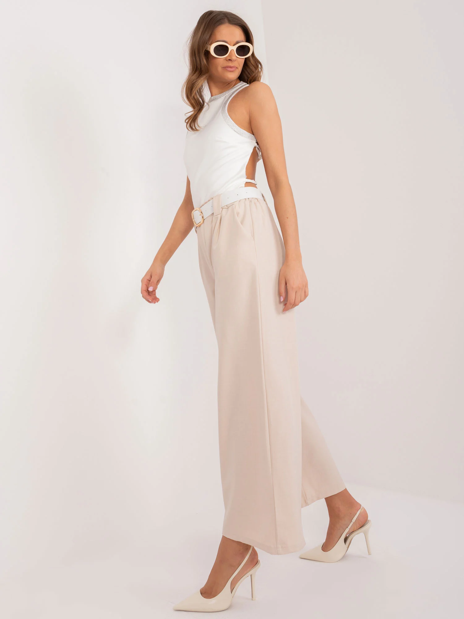 Pantaloni Dama Elegant, Guler inalt, ITALY MODA, Bej de Petrecere - imagine 4