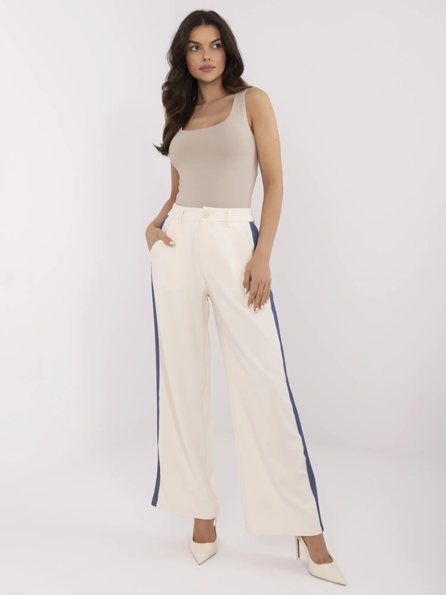 Pantaloni Dama Larga, Guler inalt, Vinceotto, Bej Casual - imagine 3