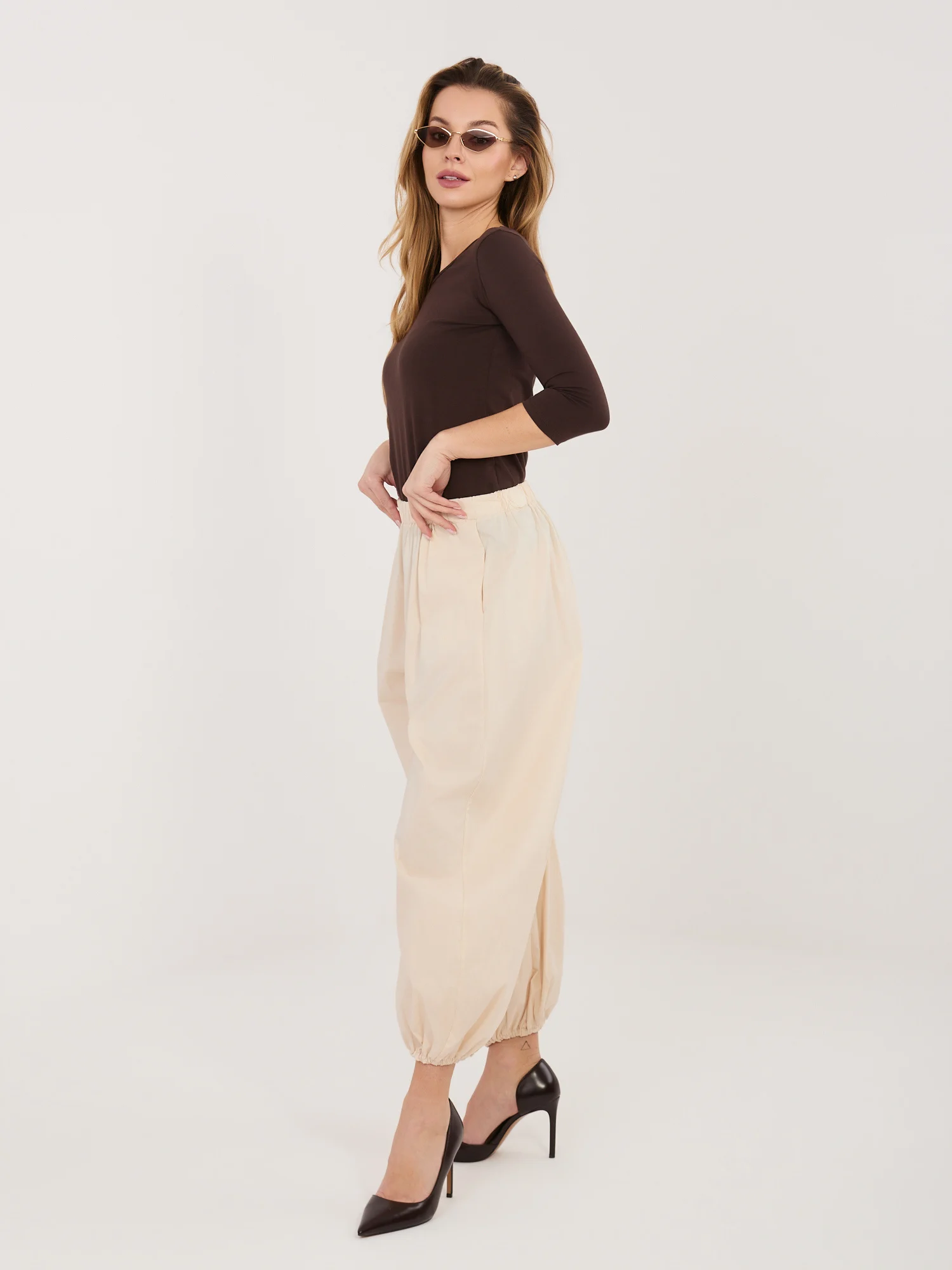 Pantaloni Dama 7/8, Mansete elastice, RUE PARIS, Bej Casual - imagine 2