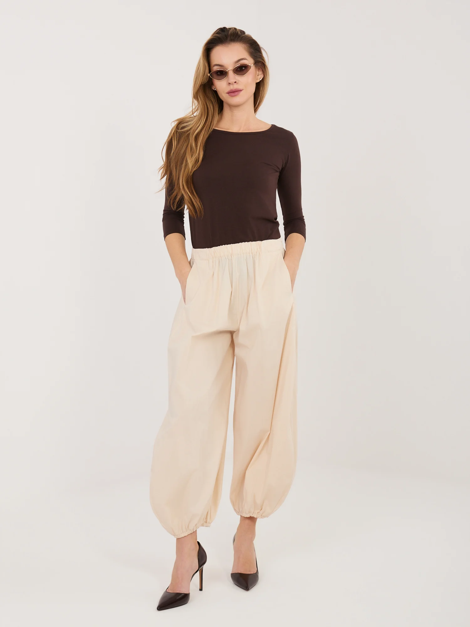Pantaloni Dama 7/8, Mansete elastice, RUE PARIS, Bej Casual - imagine 3