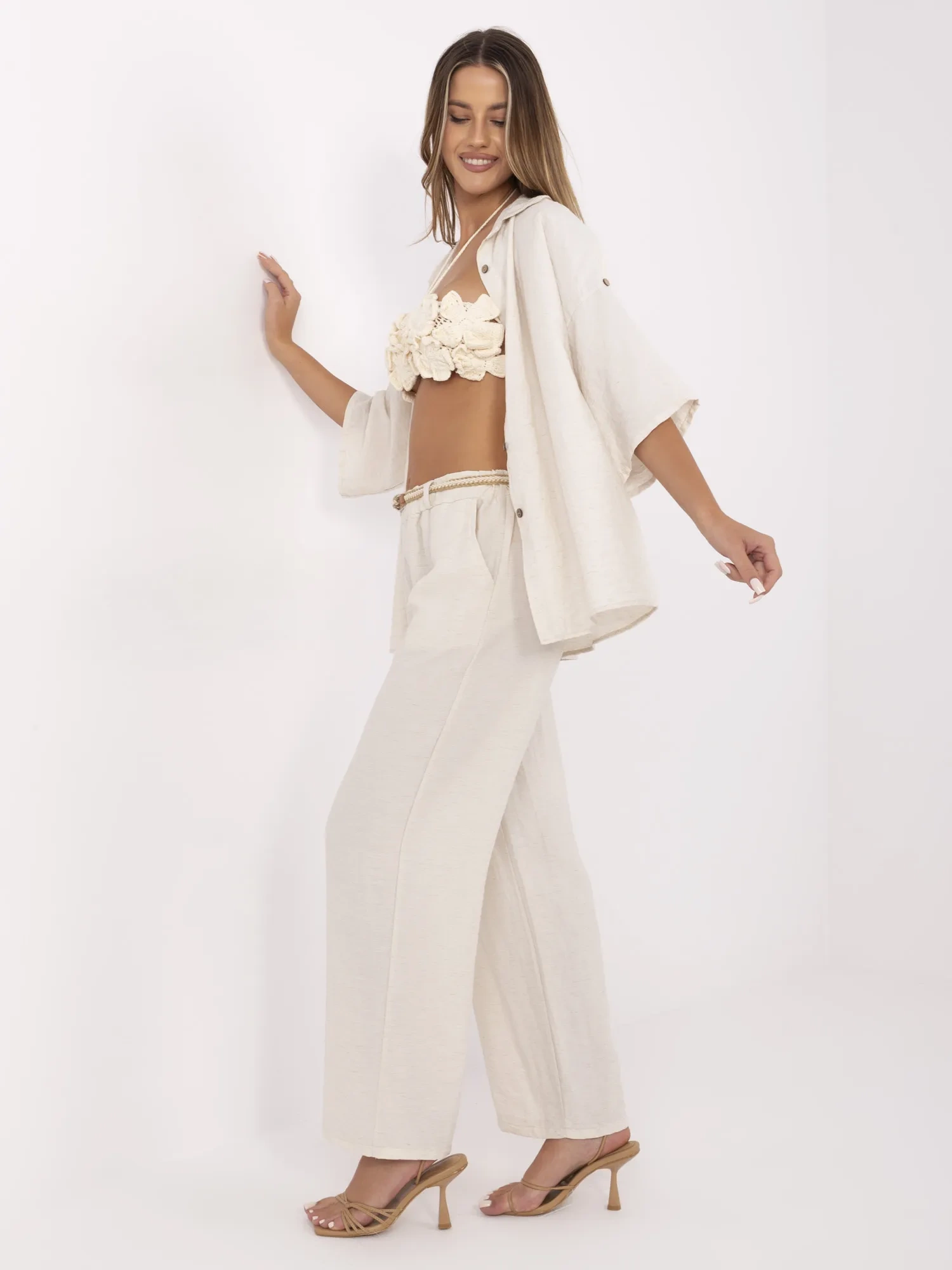 Pantaloni Dama Boho, Guler inalt, ITALY MODA, Bej - imagine 4