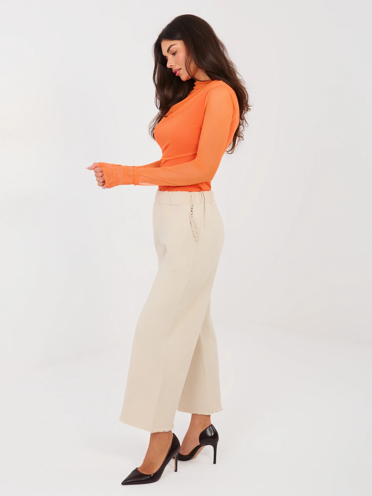 Pantaloni Dama Larga, Guler inalt, ITALY MODA, Bej Eleganta Office - Image 4