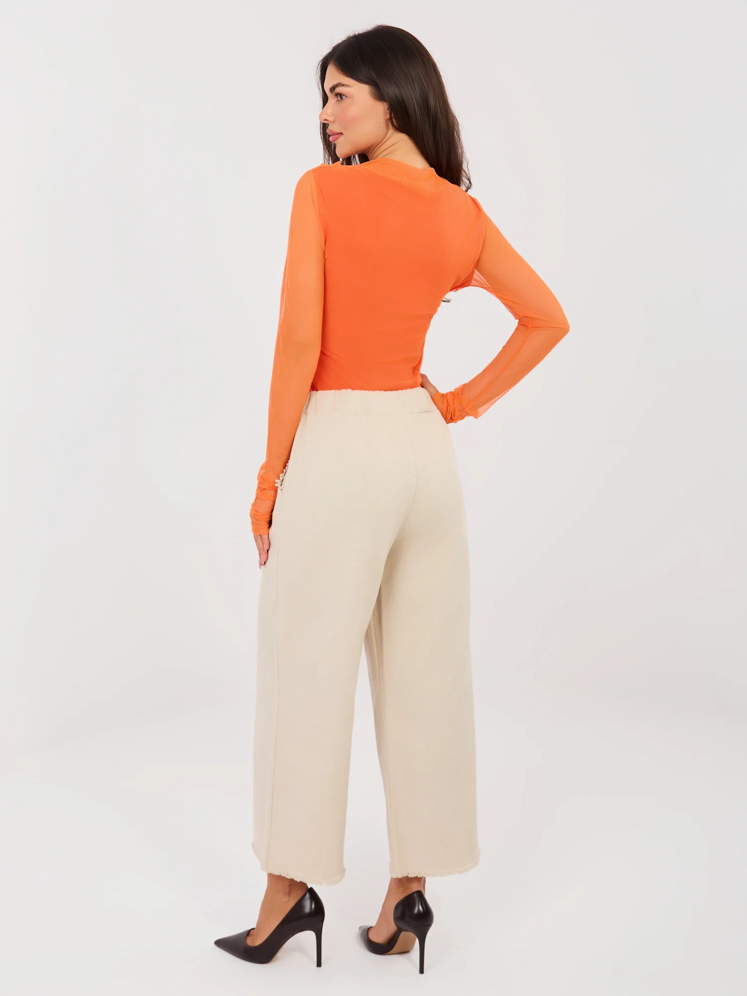 Pantaloni Dama Larga, Guler inalt, ITALY MODA, Bej Eleganta Office - Image 5