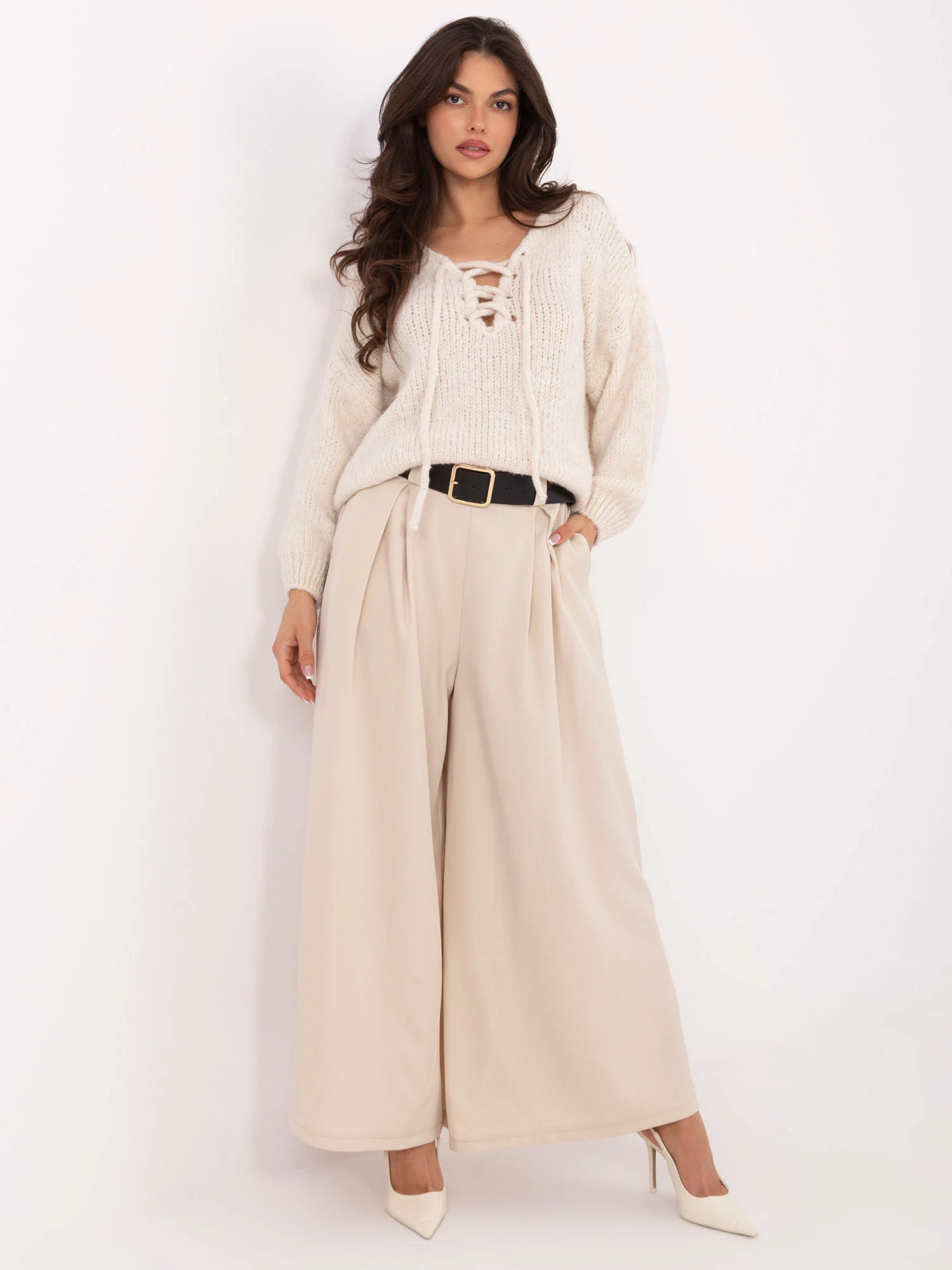 Pantaloni Dama Lunga, Elegant, MODA ITALY, Bej Eleganta Office - imagine 5