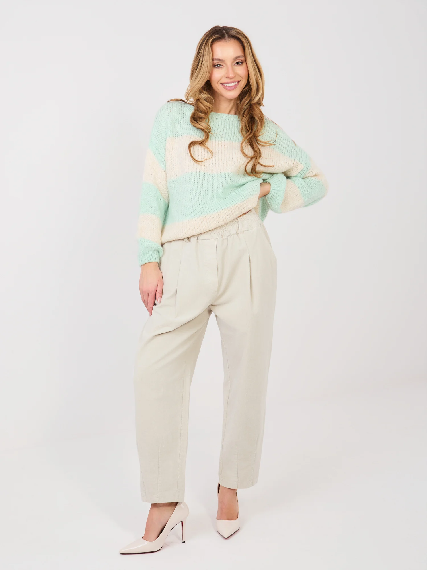 Pantaloni Dama Conica, Guler inalt, ITALY MODA, Bej Eleganta Office - imagine 8