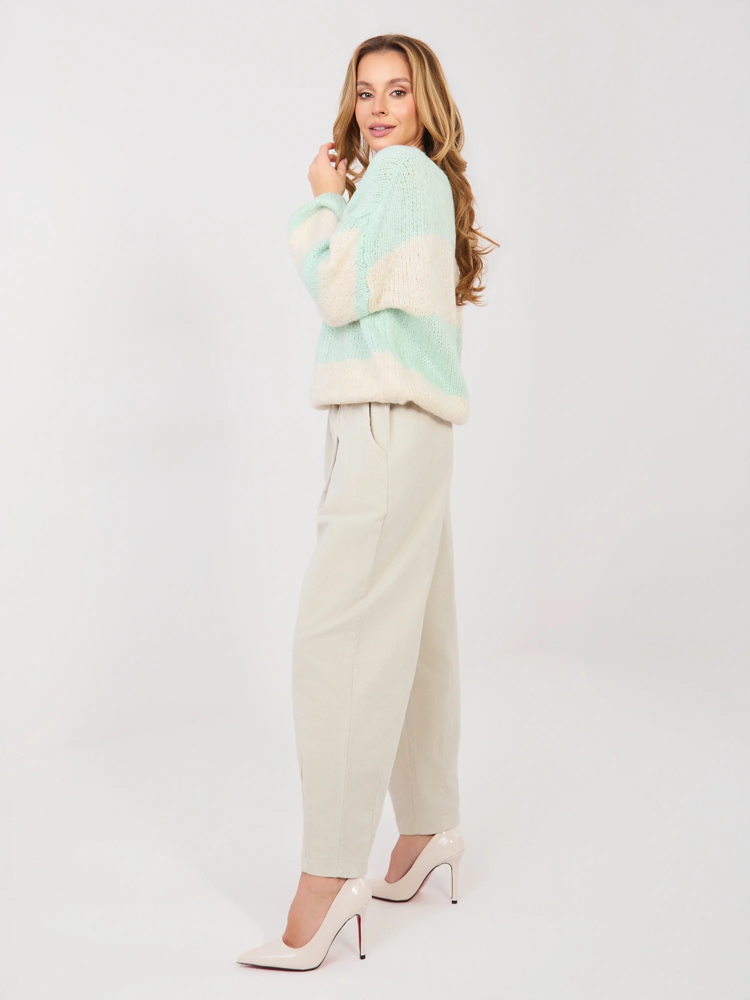Pantaloni Dama Conica, Guler inalt, ITALY MODA, Bej Eleganta Office - imagine 3