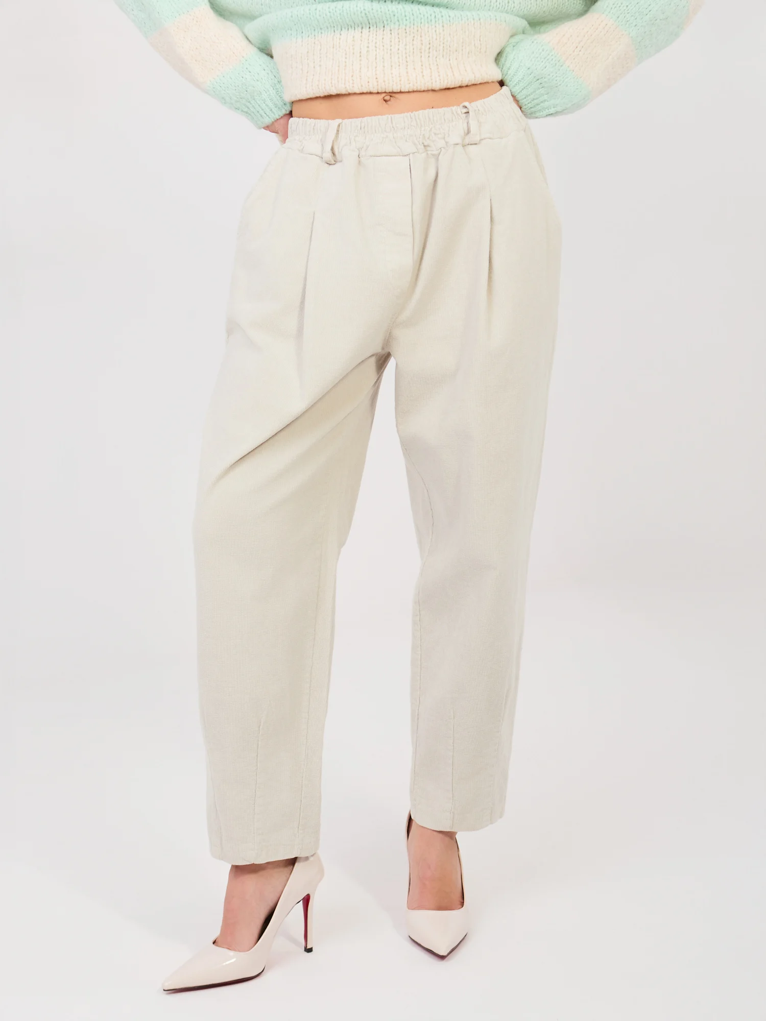Pantaloni Dama Conica, Guler inalt, ITALY MODA, Bej Eleganta Office - imagine 4