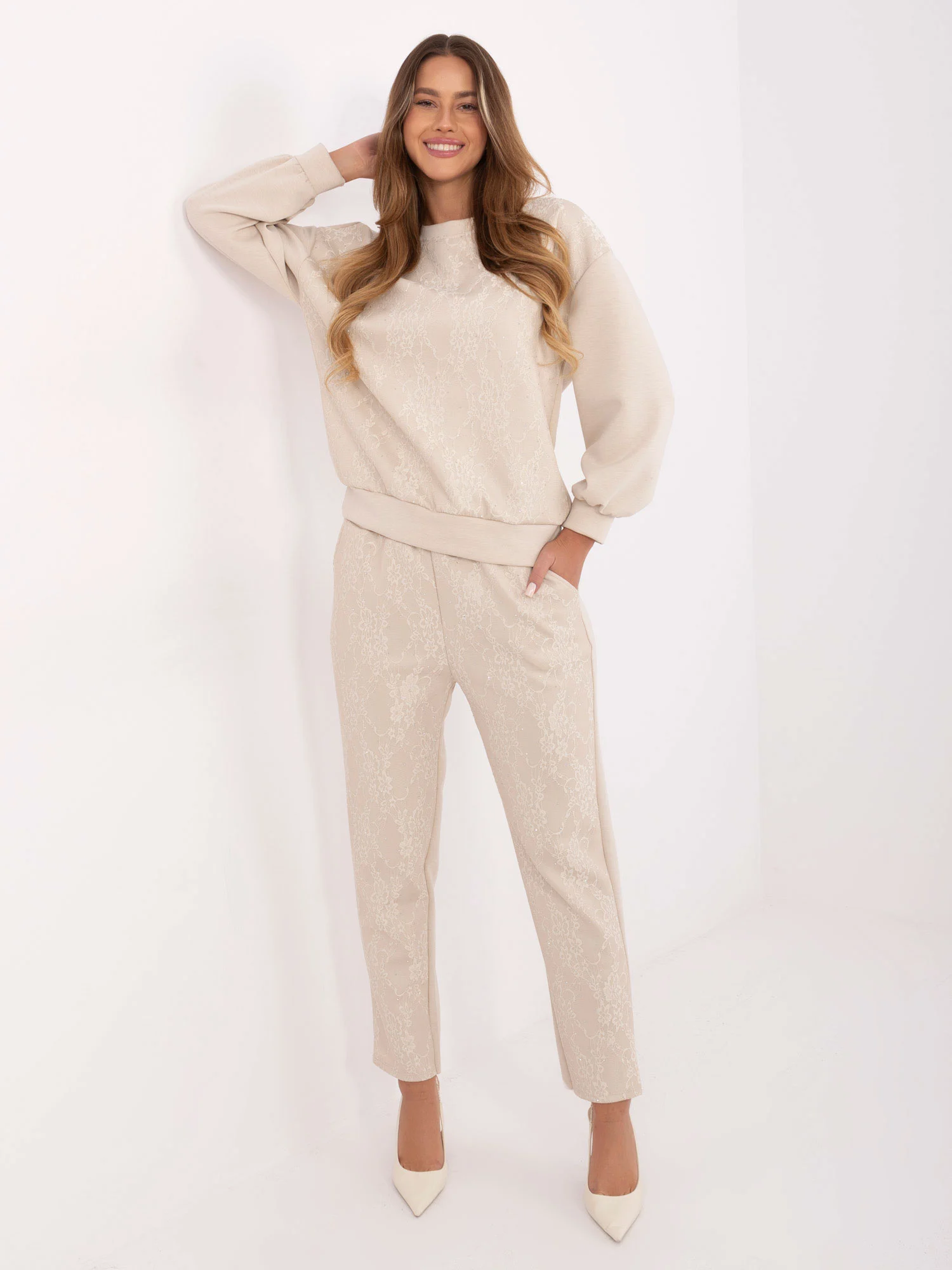 Compleu Dama Maneca lunga, Dantela, ITALY MODA, Bej Eleganta - imagine 4