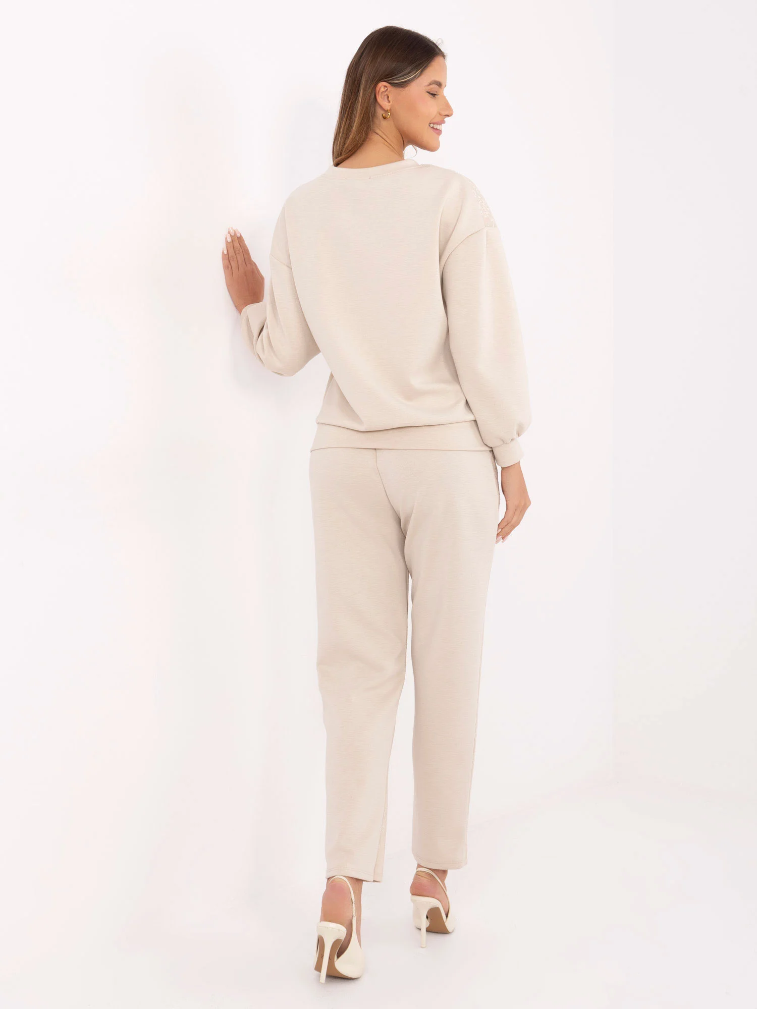 Compleu Dama Maneca lunga, Dantela, ITALY MODA, Bej Eleganta - imagine 5
