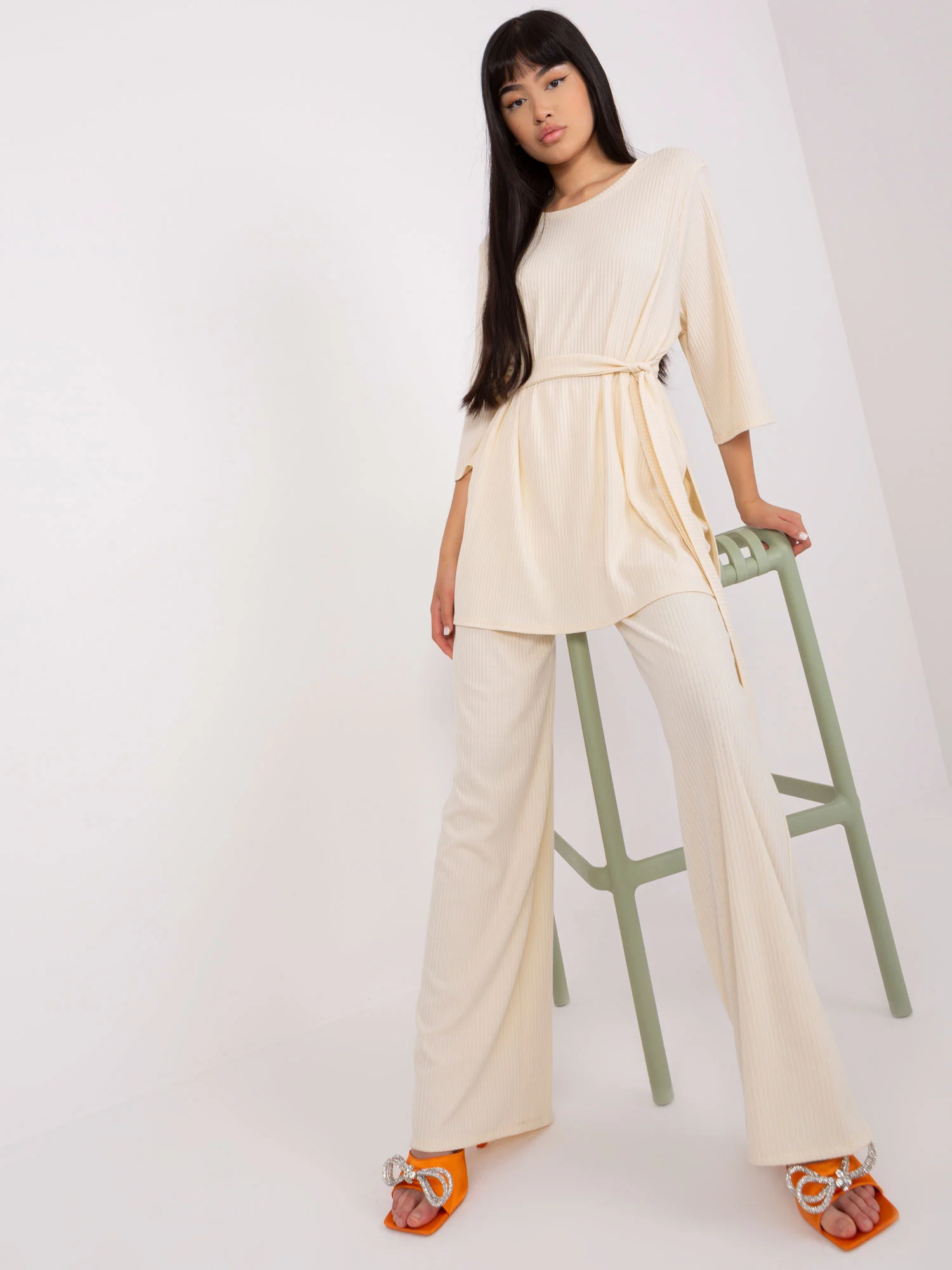 Compleu Dama Maneca 3/4, Dungi, LAKERTA, Bej Casual - imagine 6