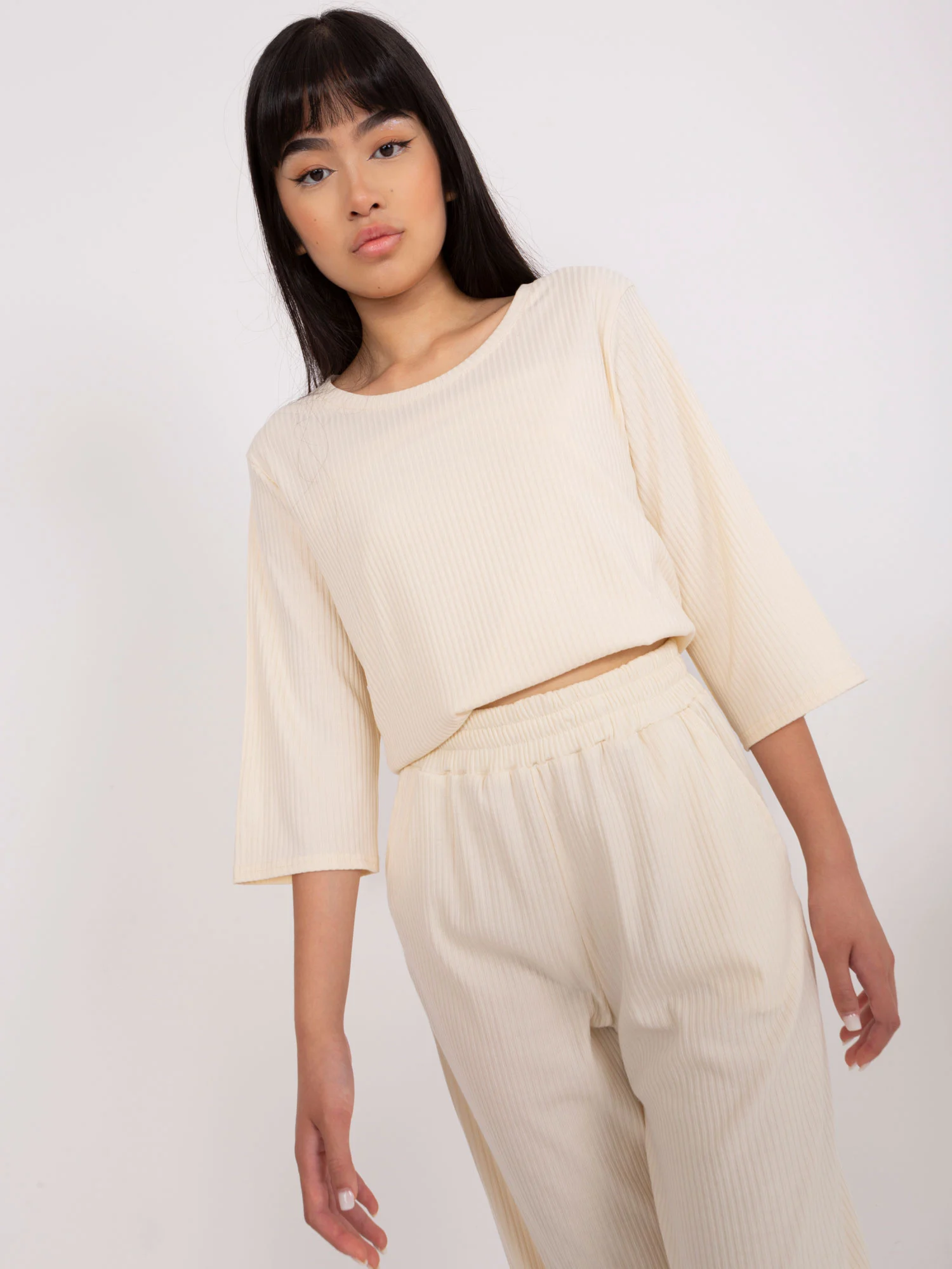 Compleu Dama Maneca 3/4, Dungi, LAKERTA, Bej Casual - imagine 7
