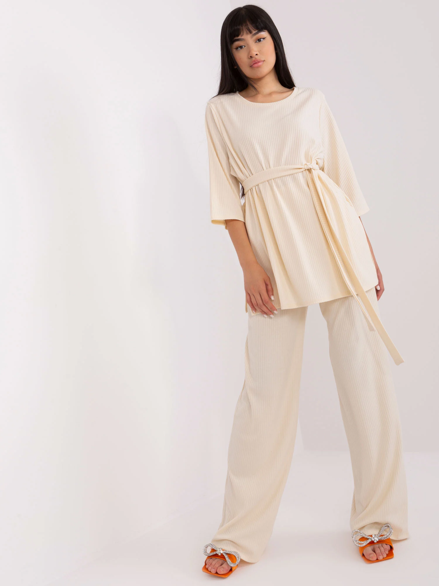 Compleu Dama Maneca 3/4, Dungi, LAKERTA, Bej Casual - imagine 5