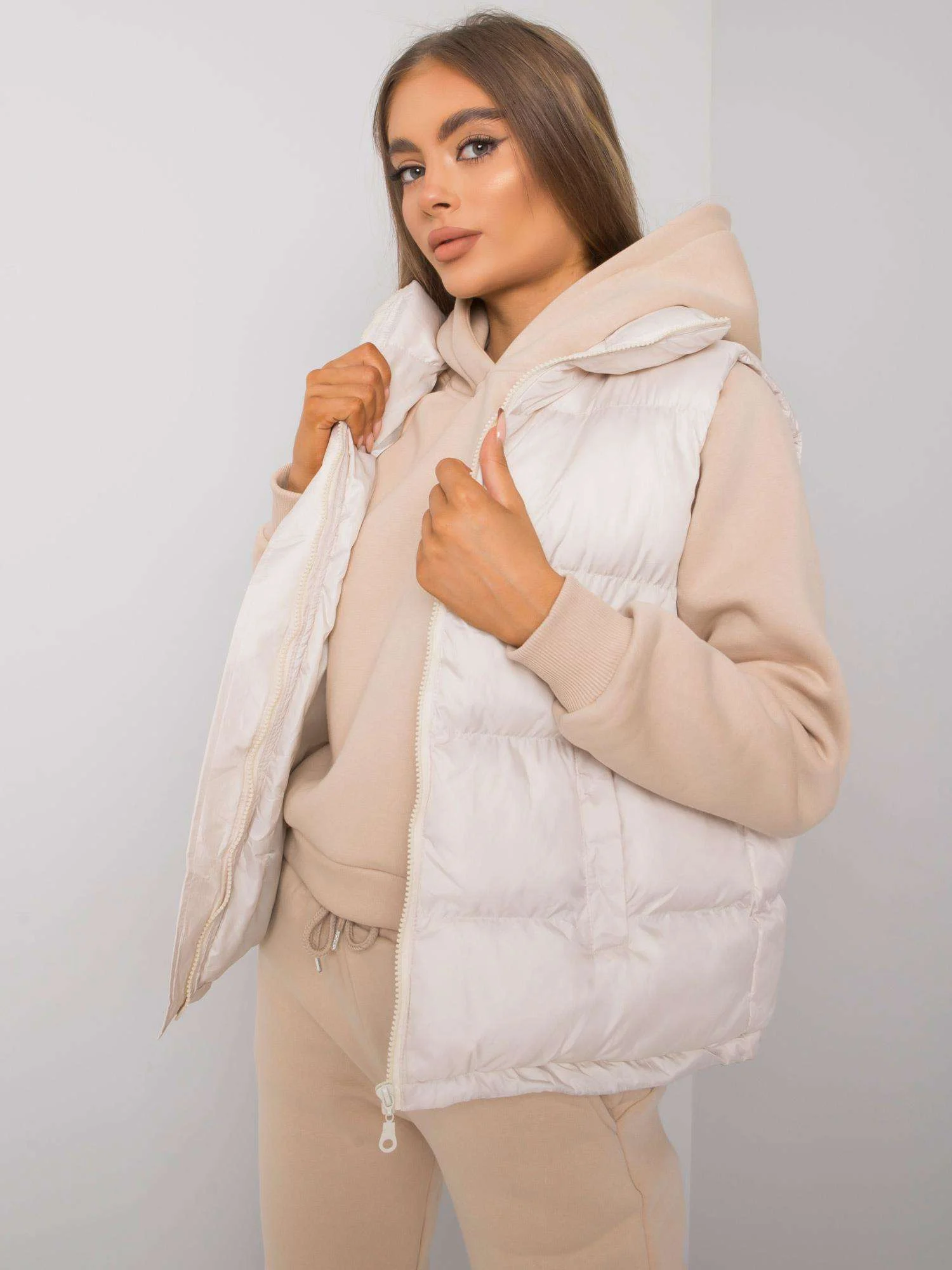 Compleu Dama Maneca lunga, Decolteu cu gluga, ex moda, Bej - imagine 3