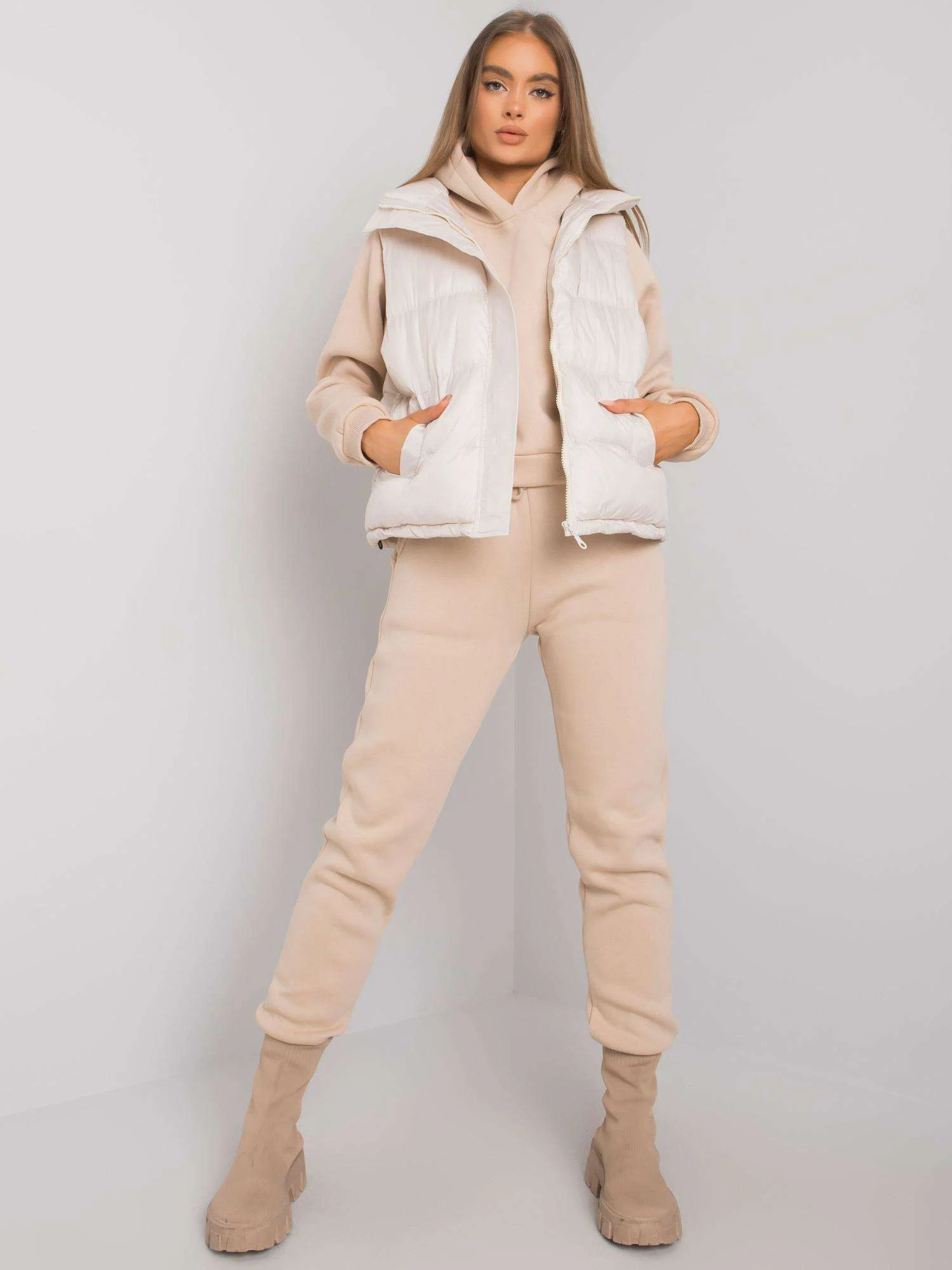 Compleu Dama Maneca lunga, Decolteu cu gluga, ex moda, Bej - imagine 4