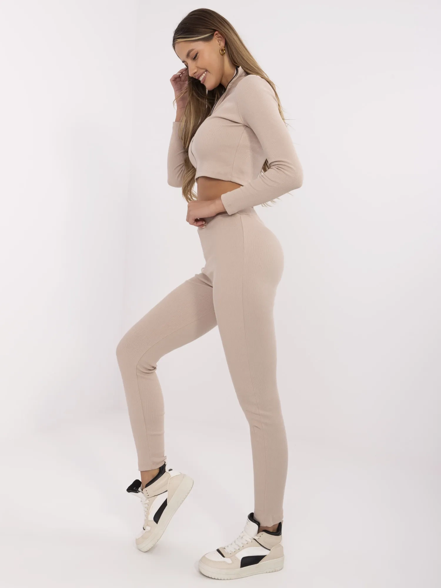 Compleu Dama Maneca lunga, Dungi, RUE PARIS, Bej Casual - imagine 5