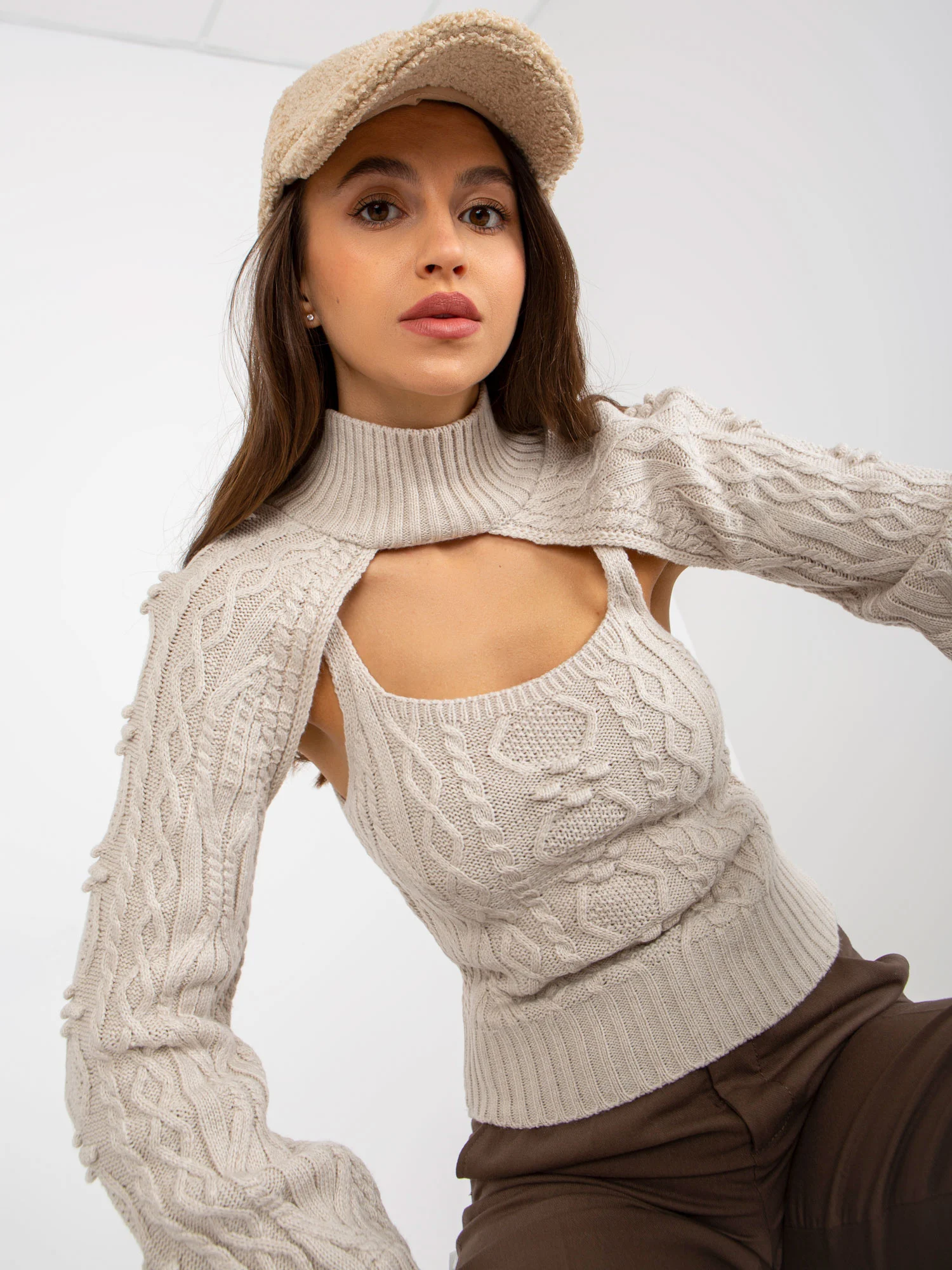 Compleu Dama Maneca lunga, Guler inalt, Sobe, Bej Casual - imagine 6