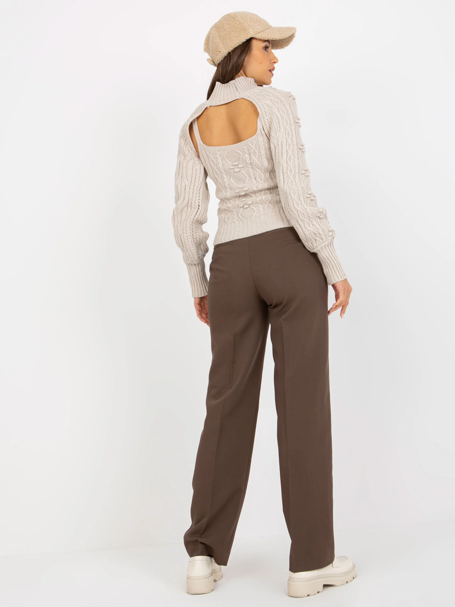 Compleu Dama Maneca lunga, Guler inalt, Sobe, Bej Casual - imagine 4