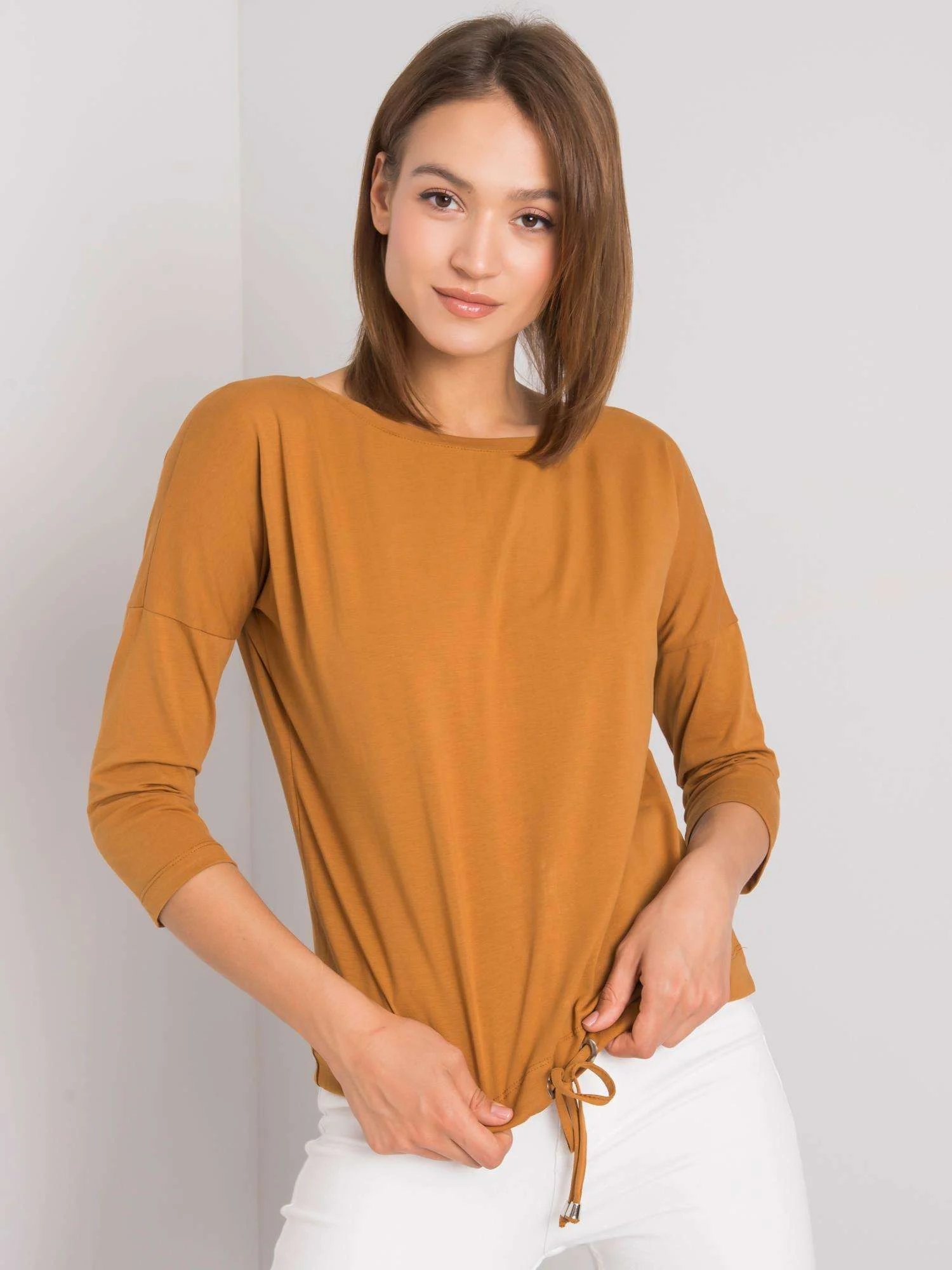 Bluza Dama Maneca 3/4, Decolteu barcuta, BASIC FEEL GOOD, Maro Casual - imagine 5