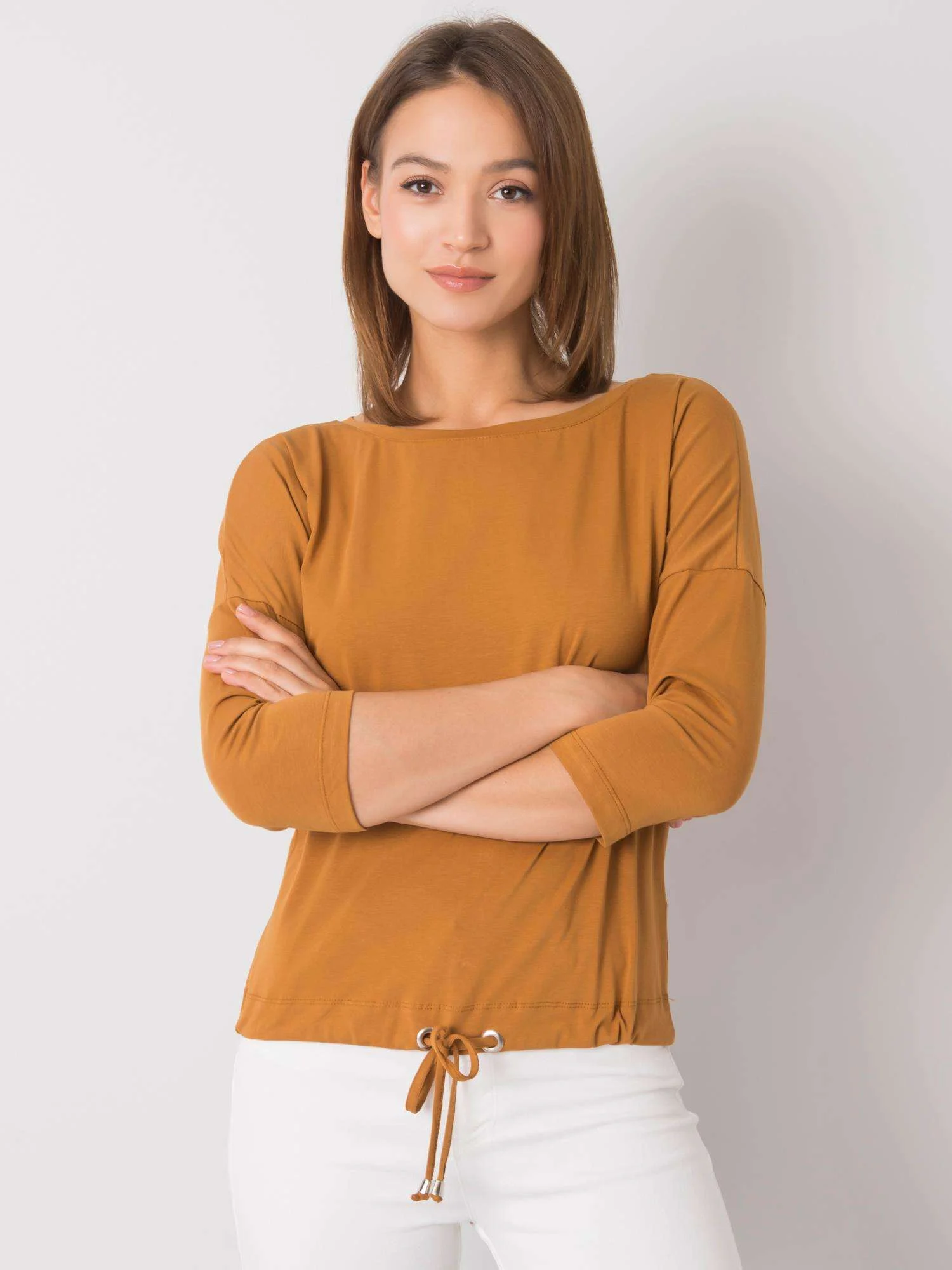 Bluza Dama Maneca 3/4, Decolteu barcuta, BASIC FEEL GOOD, Maro Casual - imagine 2