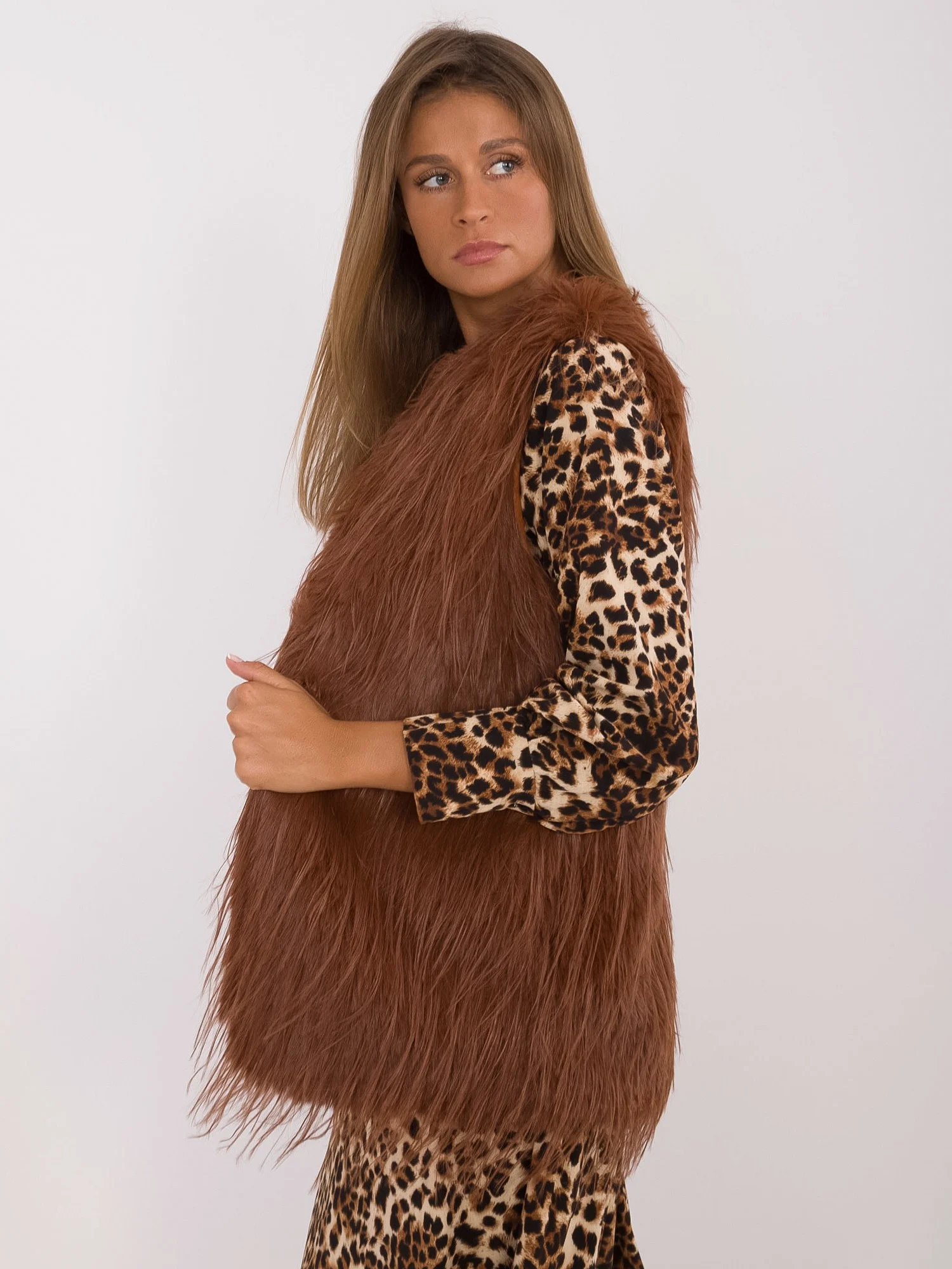 Vesta Dama Fara maneci, Guler inalt, Wool Fashion Italia, Maro de Vara - imagine 2