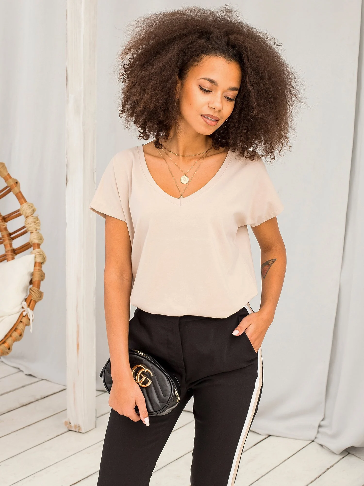 Tricou Dama Mini, Decolteu in V, BASIC FEEL GOOD, Bej Casual - imagine 4
