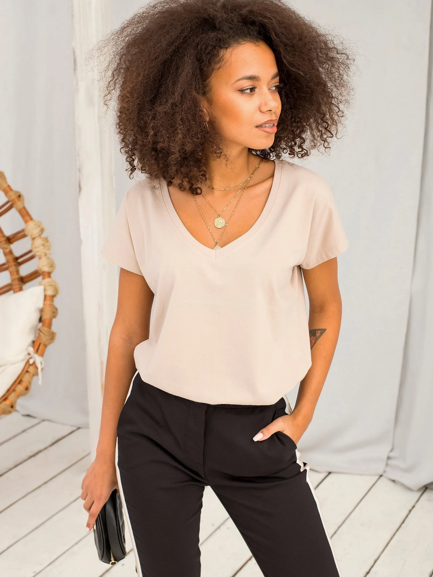 Tricou Dama Mini, Decolteu in V, BASIC FEEL GOOD, Bej Casual - imagine 3