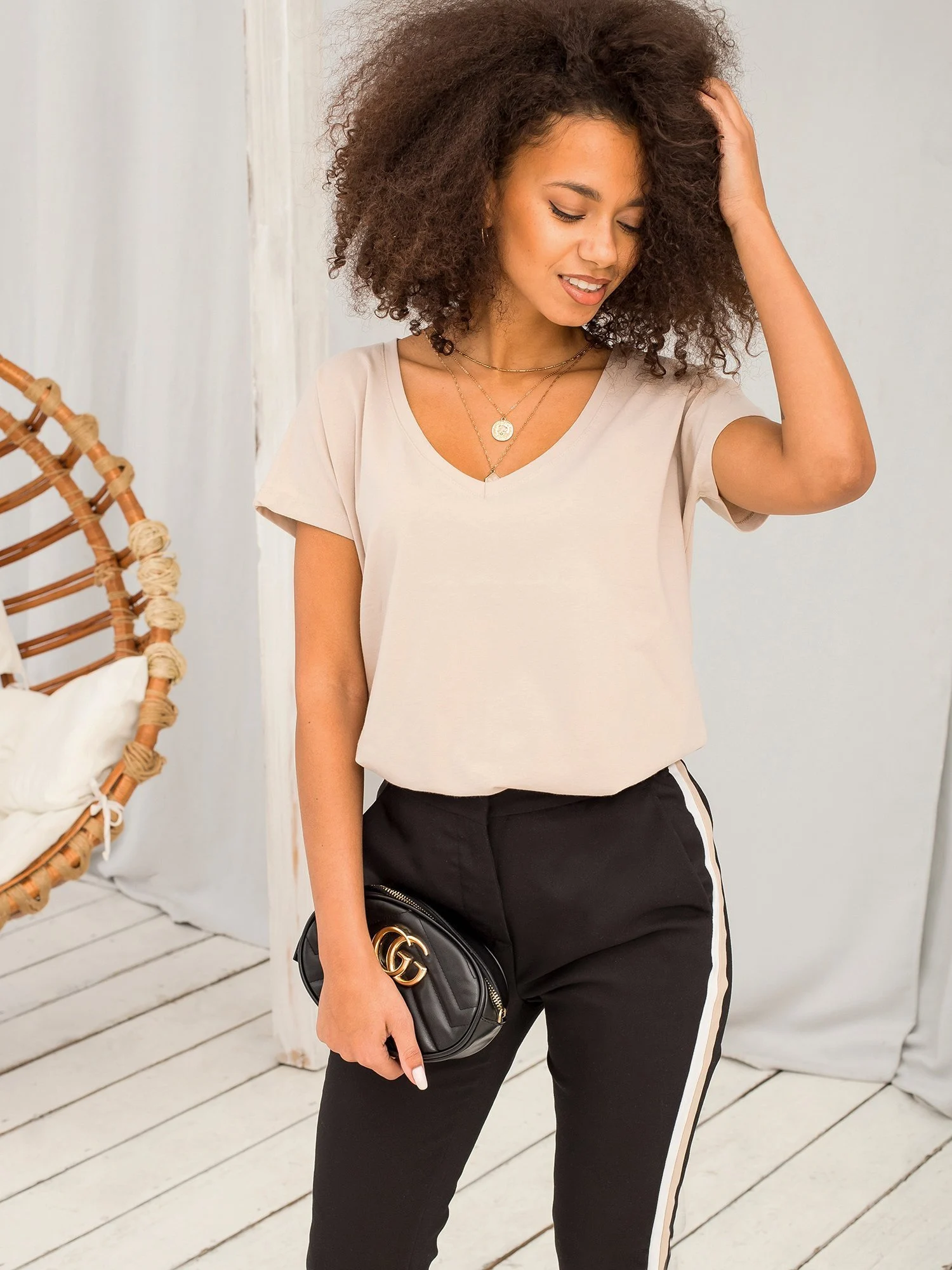 Tricou Dama Mini, Decolteu in V, BASIC FEEL GOOD, Bej Casual - imagine 6