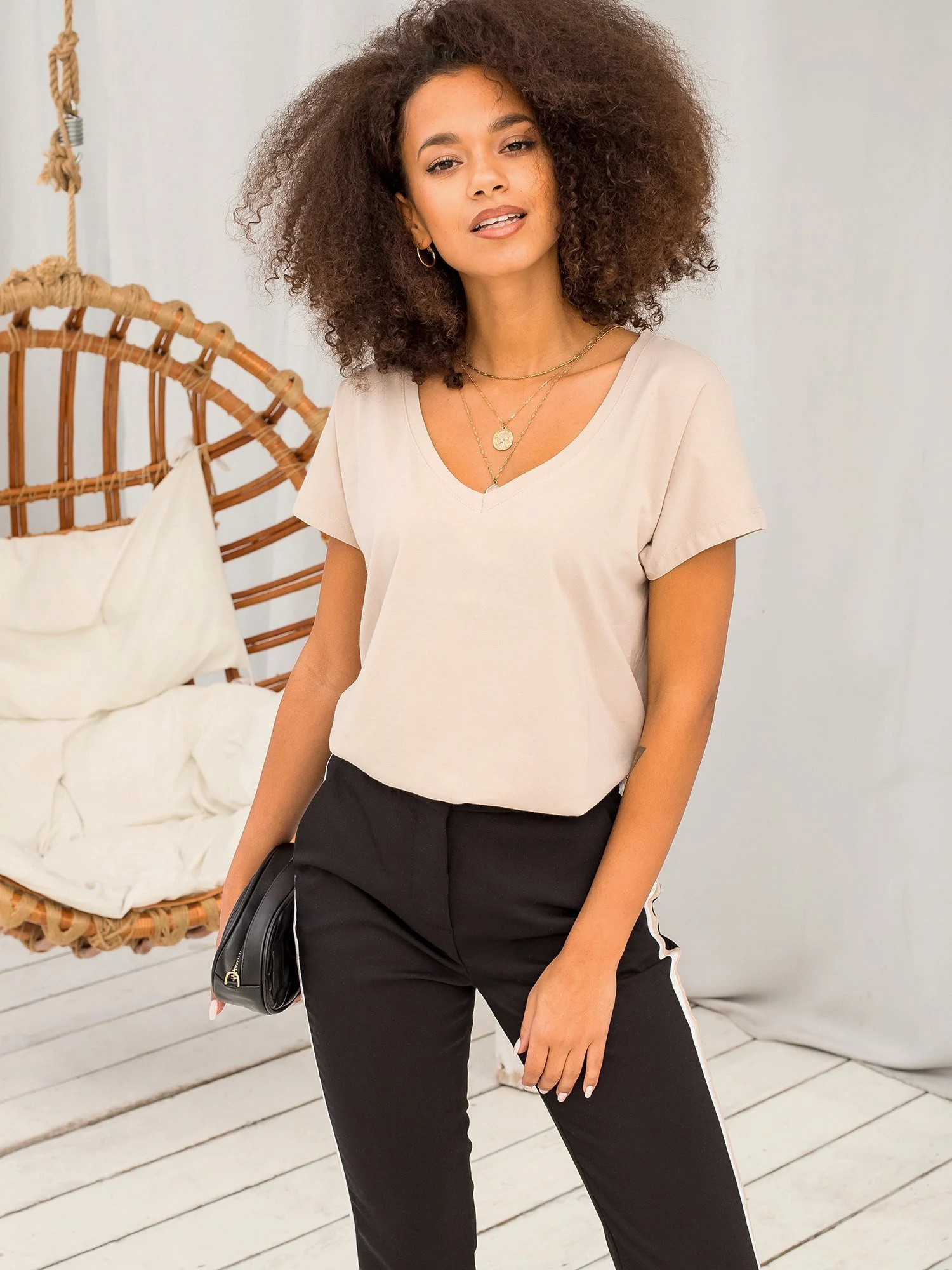 Tricou Dama Mini, Decolteu in V, BASIC FEEL GOOD, Bej Casual - imagine 8
