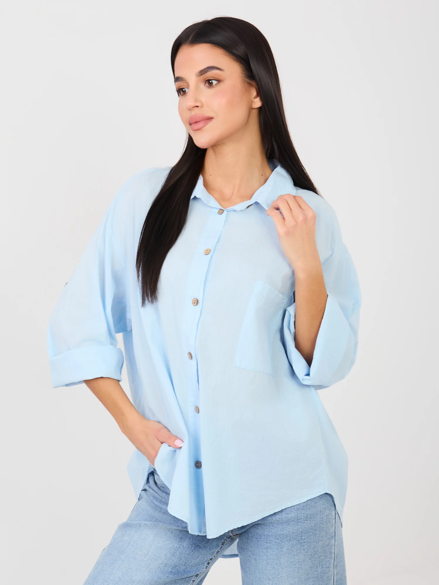 Camasa Dama Maneca lunga, Decolteu cu guler, MU MU, Albastru Casual - imagine 4