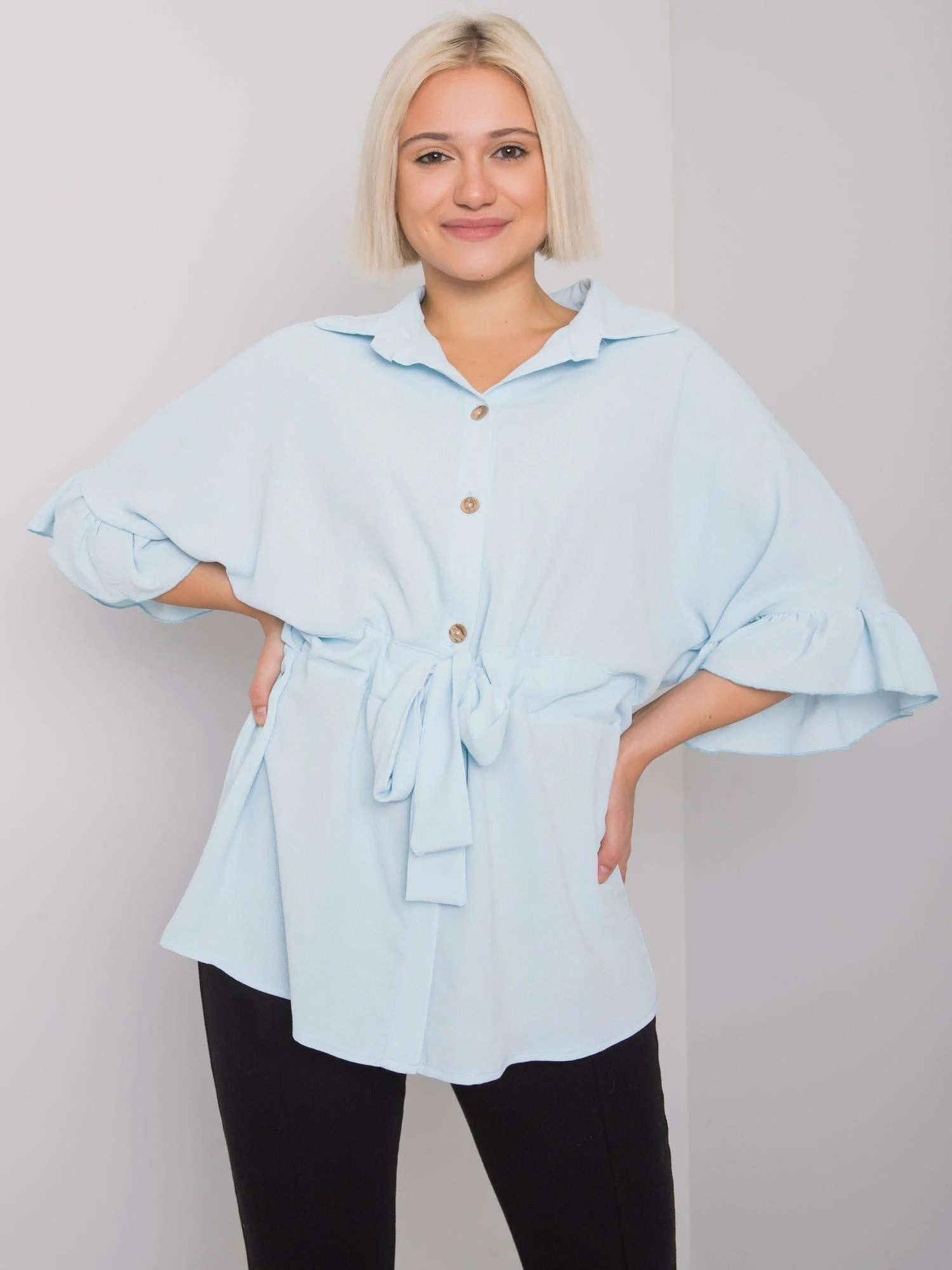 Bluza Dama Mini, Decolteu cu guler, RUE PARIS, Albastru Eleganta Office - imagine 4