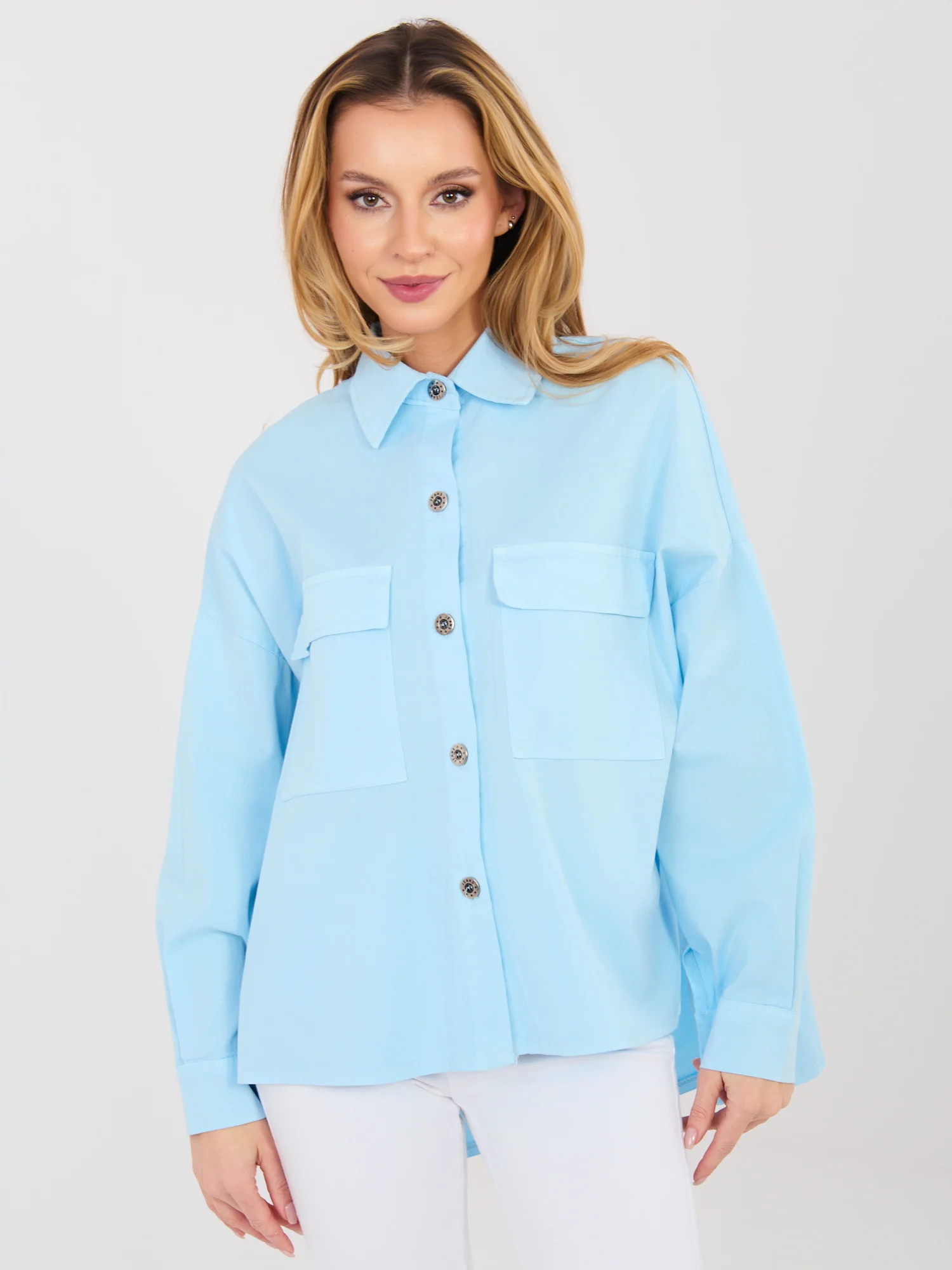Camasa Dama Maneca lunga, Guler inalt, ITALY MODA, Albastru Casual - imagine 3
