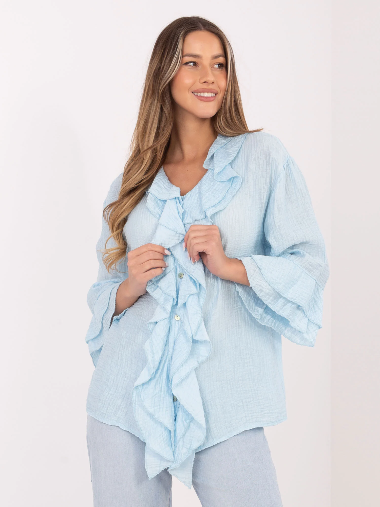 Camasa Dama Maneca lunga, Boho, ITALY MODA, Albastru Eleganta Office - imagine 5