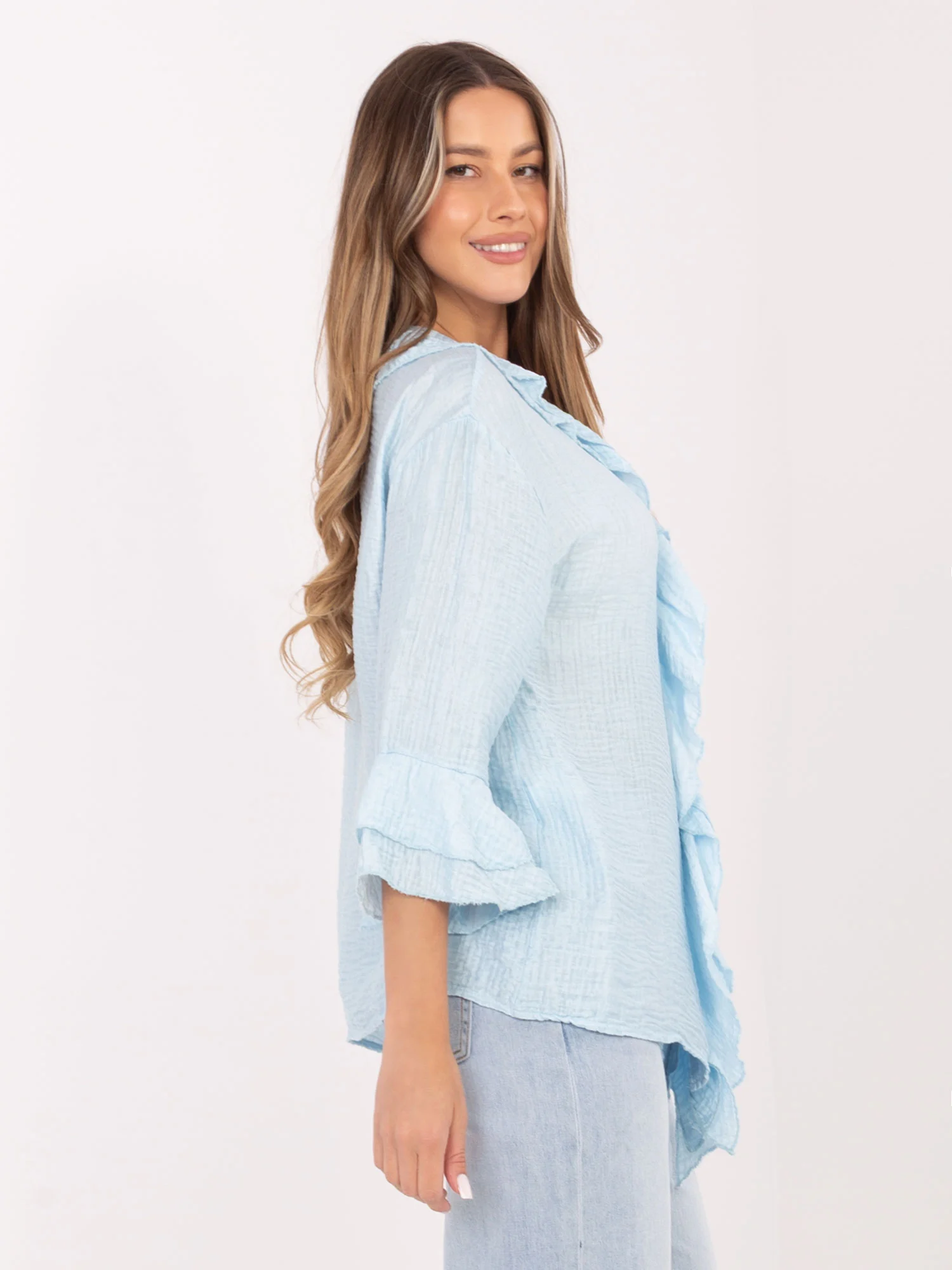 Camasa Dama Maneca lunga, Boho, ITALY MODA, Albastru Eleganta Office - imagine 6