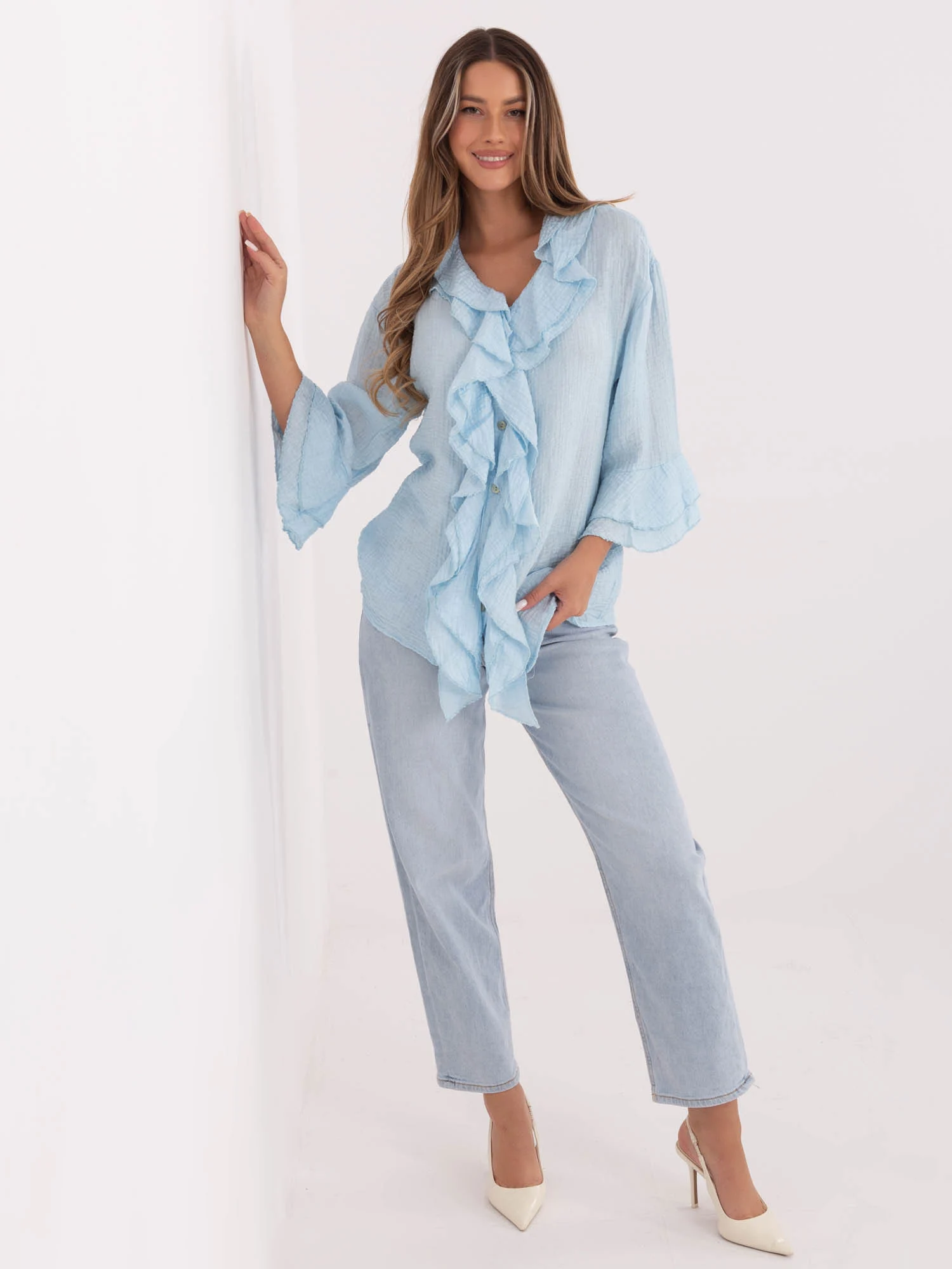 Camasa Dama Maneca lunga, Boho, ITALY MODA, Albastru Eleganta Office - imagine 2